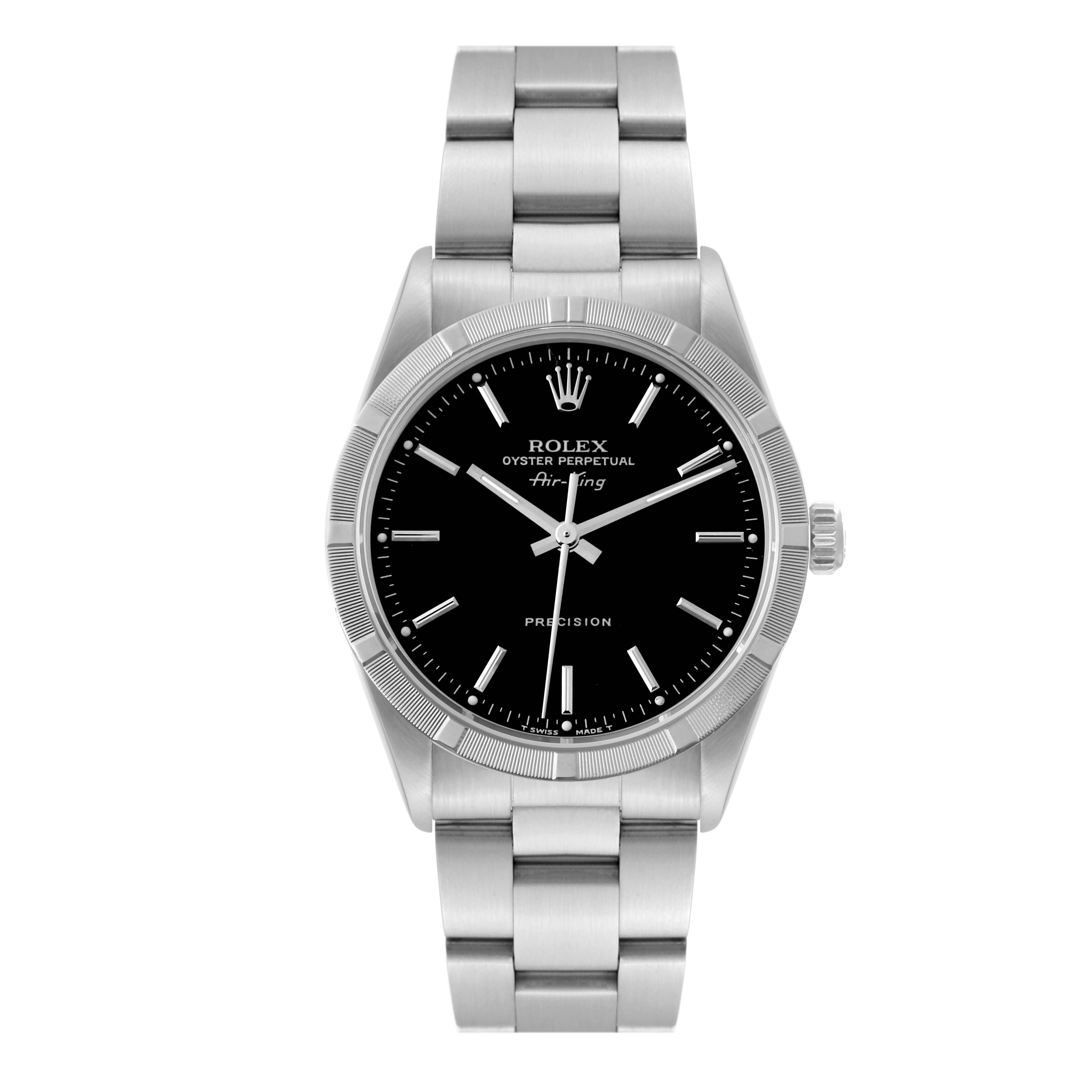 The image shows a front view of a Rolex Air-King 14010 Men's Stainless Steel Black Dial 14010 Men's Stainless Steel Black Dial watch featuring a black dial and a stainless steel bracelet.