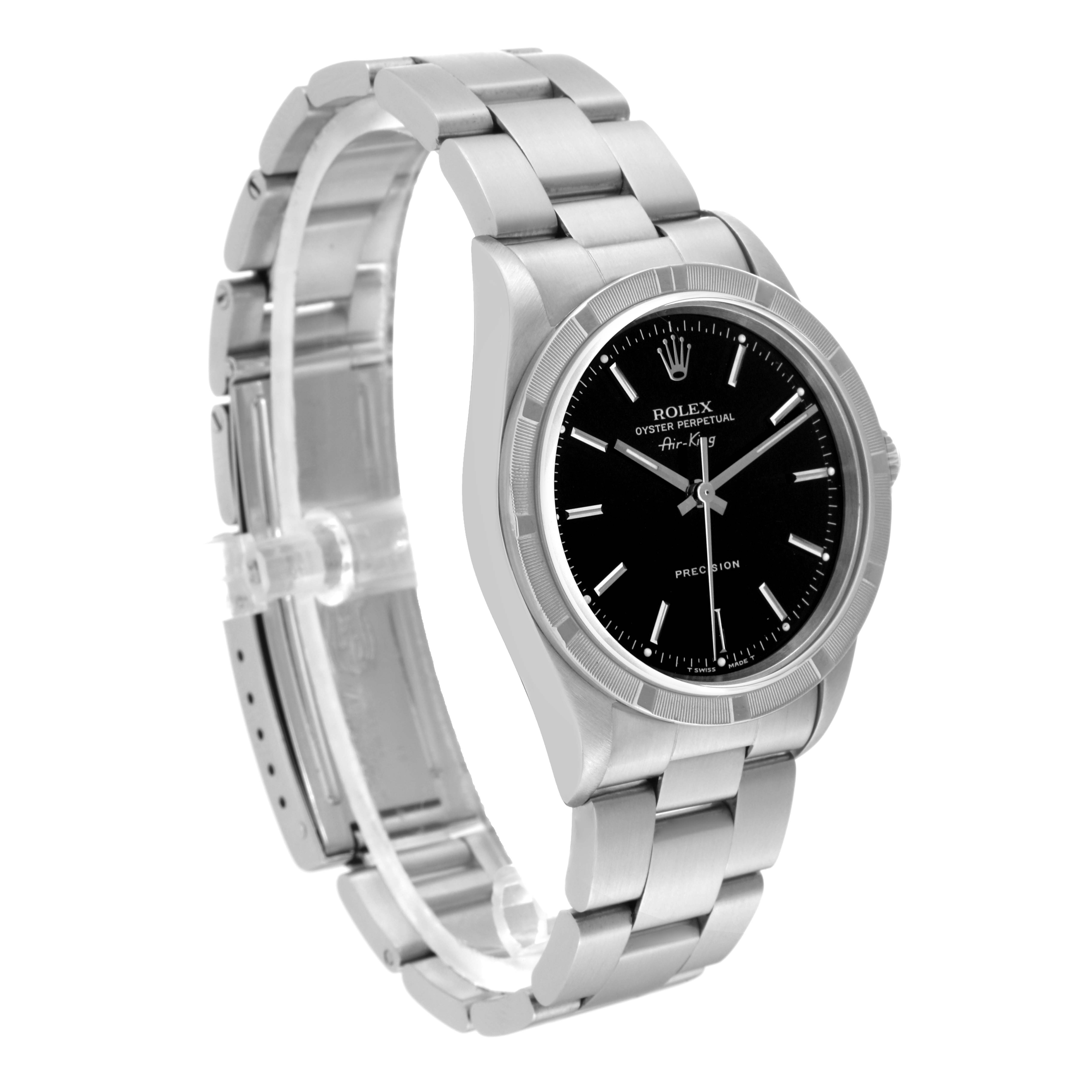The image shows a Rolex Air-King 14010 Men's Stainless Steel Black Dial 14010 Men's Stainless Steel Black Dial watch from an angled side view, displaying the dial, bezel, and bracelet.
