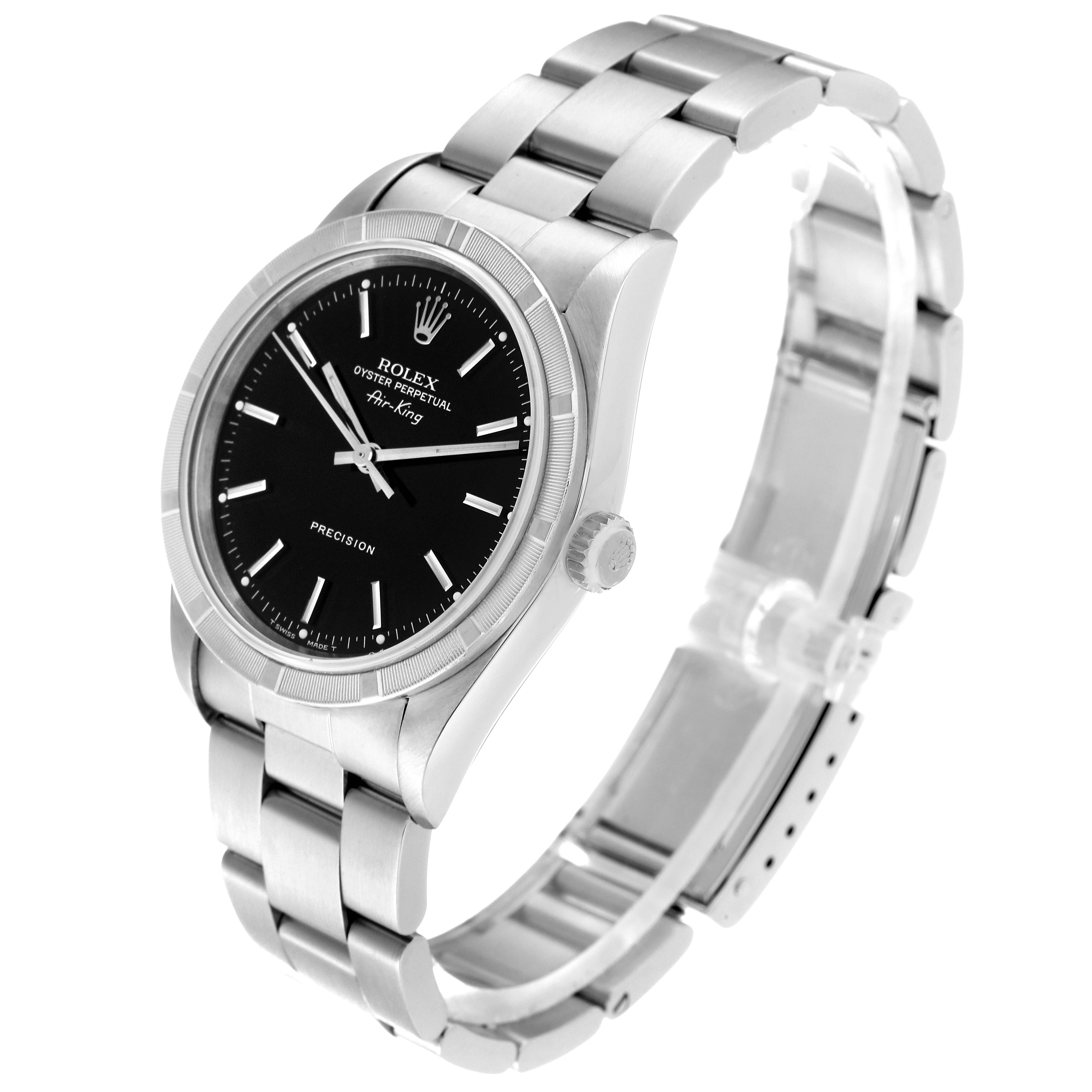 The image shows a side and diagonal view of a Rolex Air-King 14010 Men's Stainless Steel Black Dial 14010 Men's Stainless Steel Black Dial watch, highlighting its black dial, case, and bracelet.