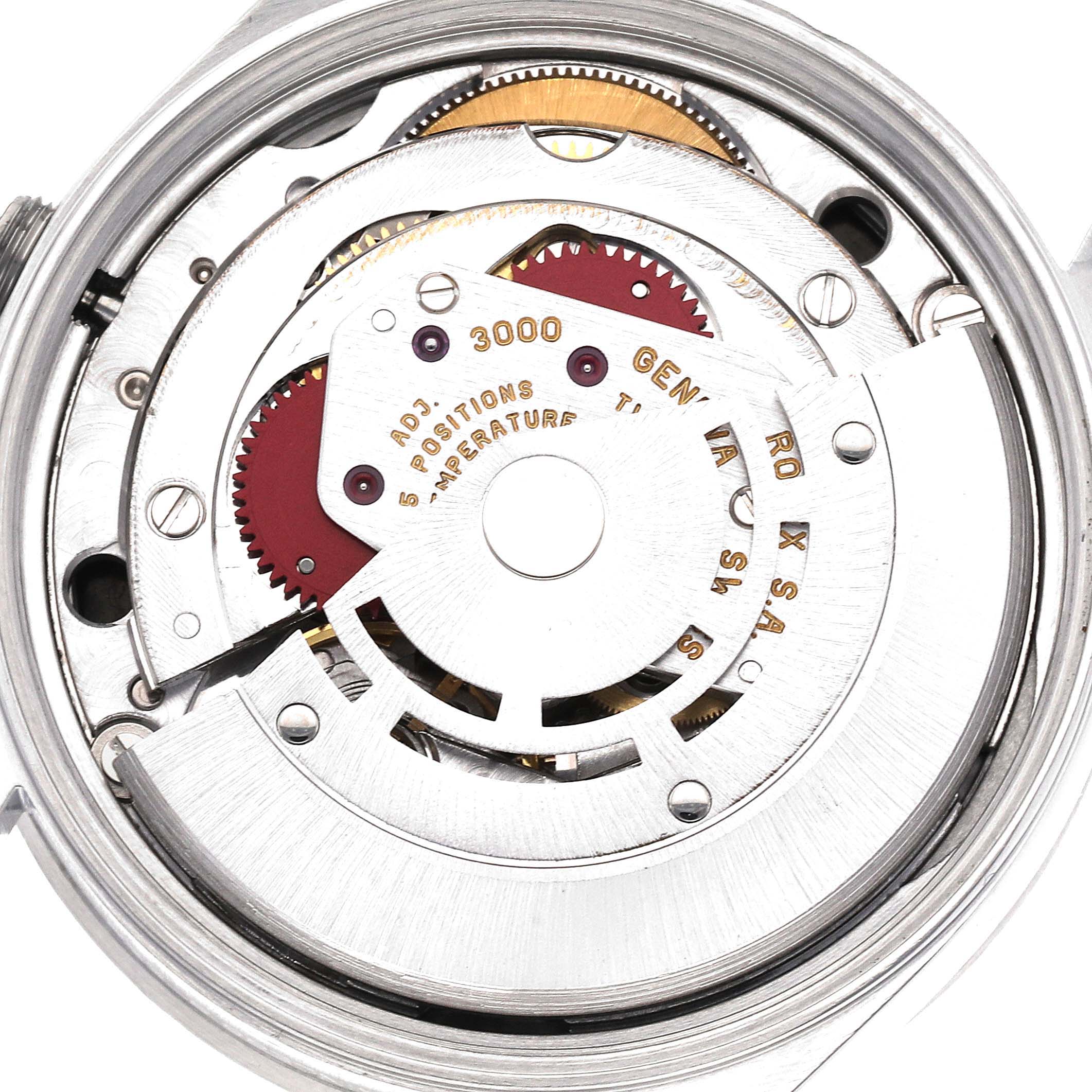 This image shows an internal view of the Rolex Air-King 14010 Men's Stainless Steel Black Dial 14010 Men's Stainless Steel Black Dial watch, specifically the intricate mechanism and gears of its movement.