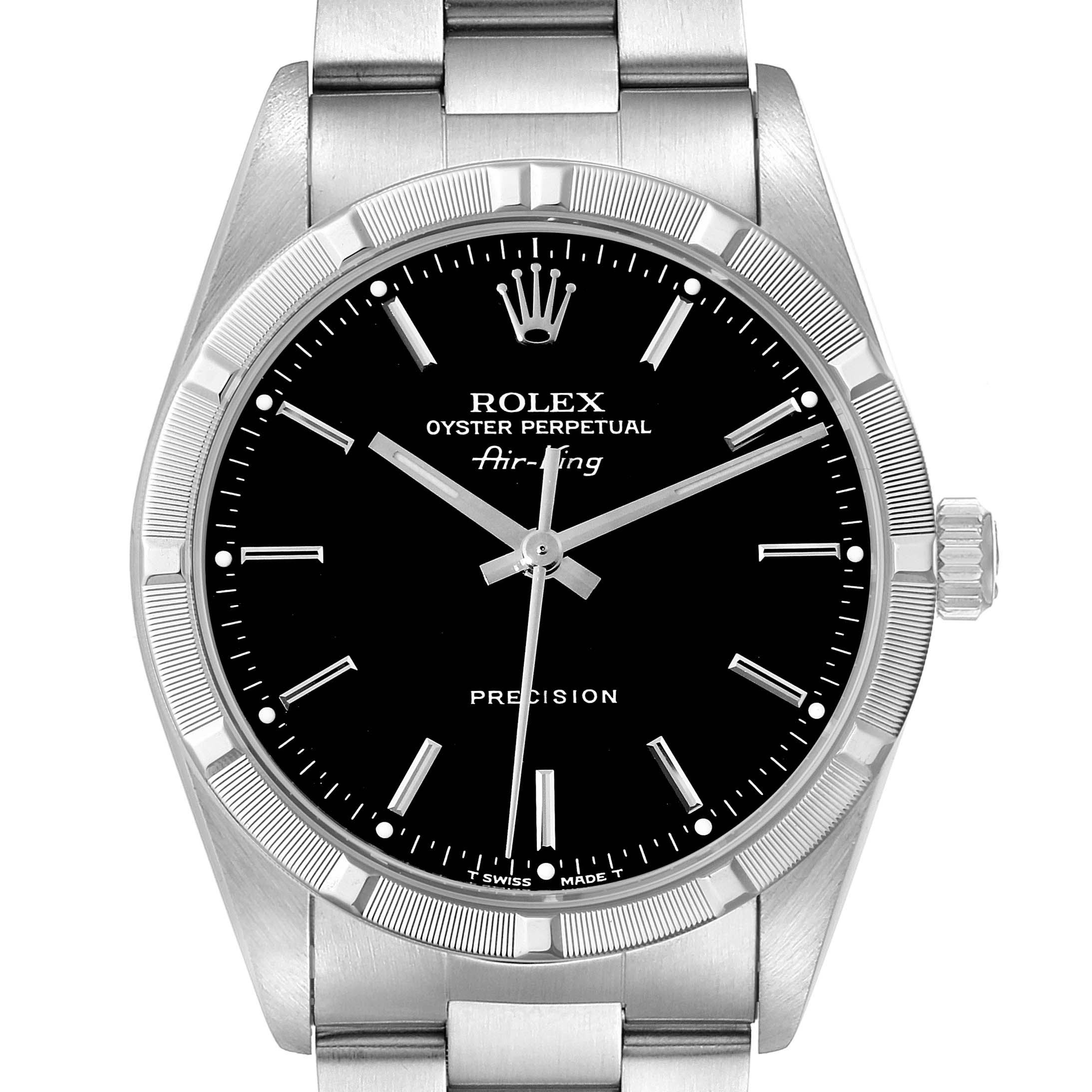 The image shows a front-facing view of a Rolex Air-King 14010 Men's Stainless Steel Black Dial 14010 Men's Stainless Steel Black Dial watch, highlighting the dial, bezel, crown, and part of the metal bracelet.