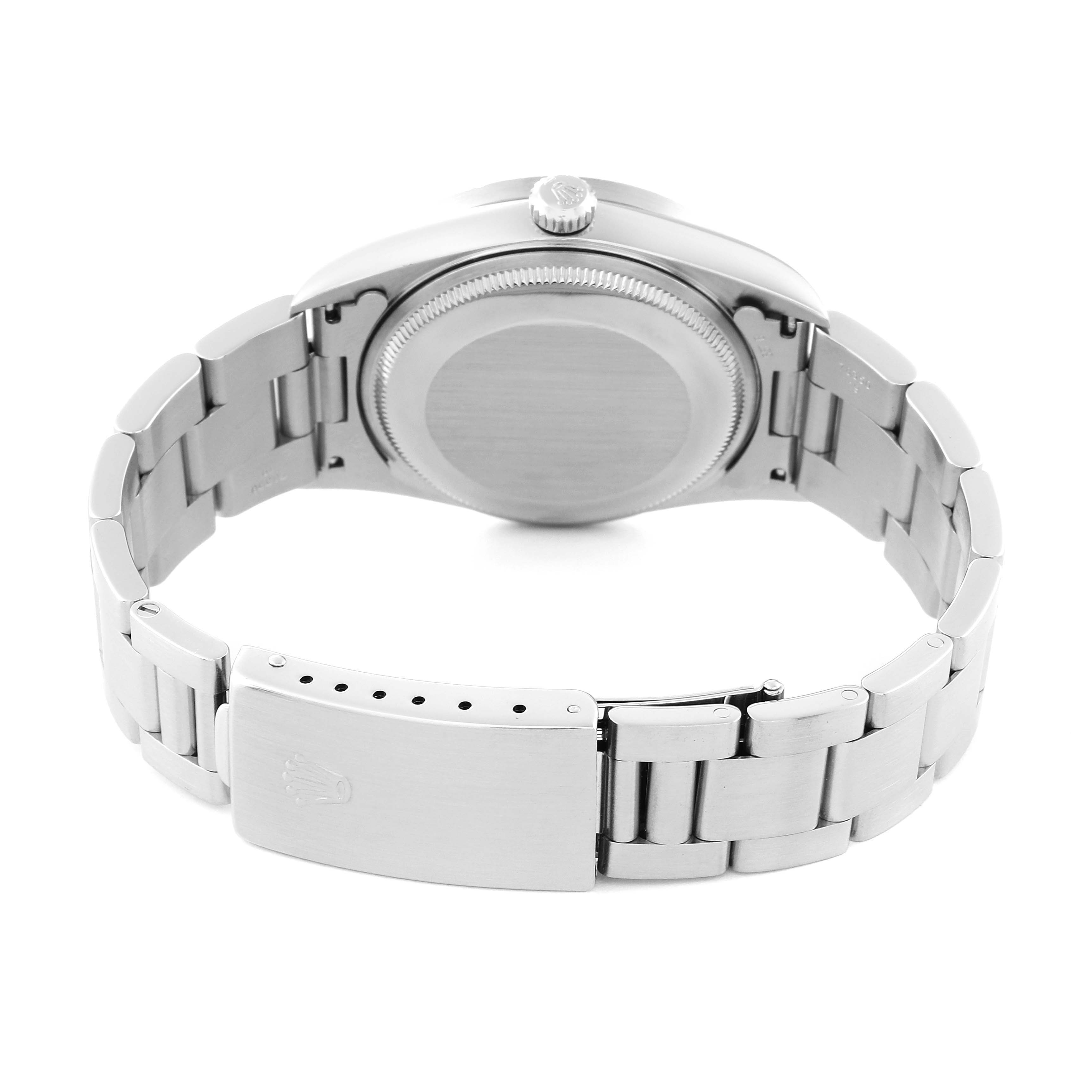 The image shows the backside and clasp of the Rolex Air-King 14010 Men's Stainless Steel Black Dial 14010 Men's Stainless Steel Black Dial watch, highlighting the case back and bracelet.