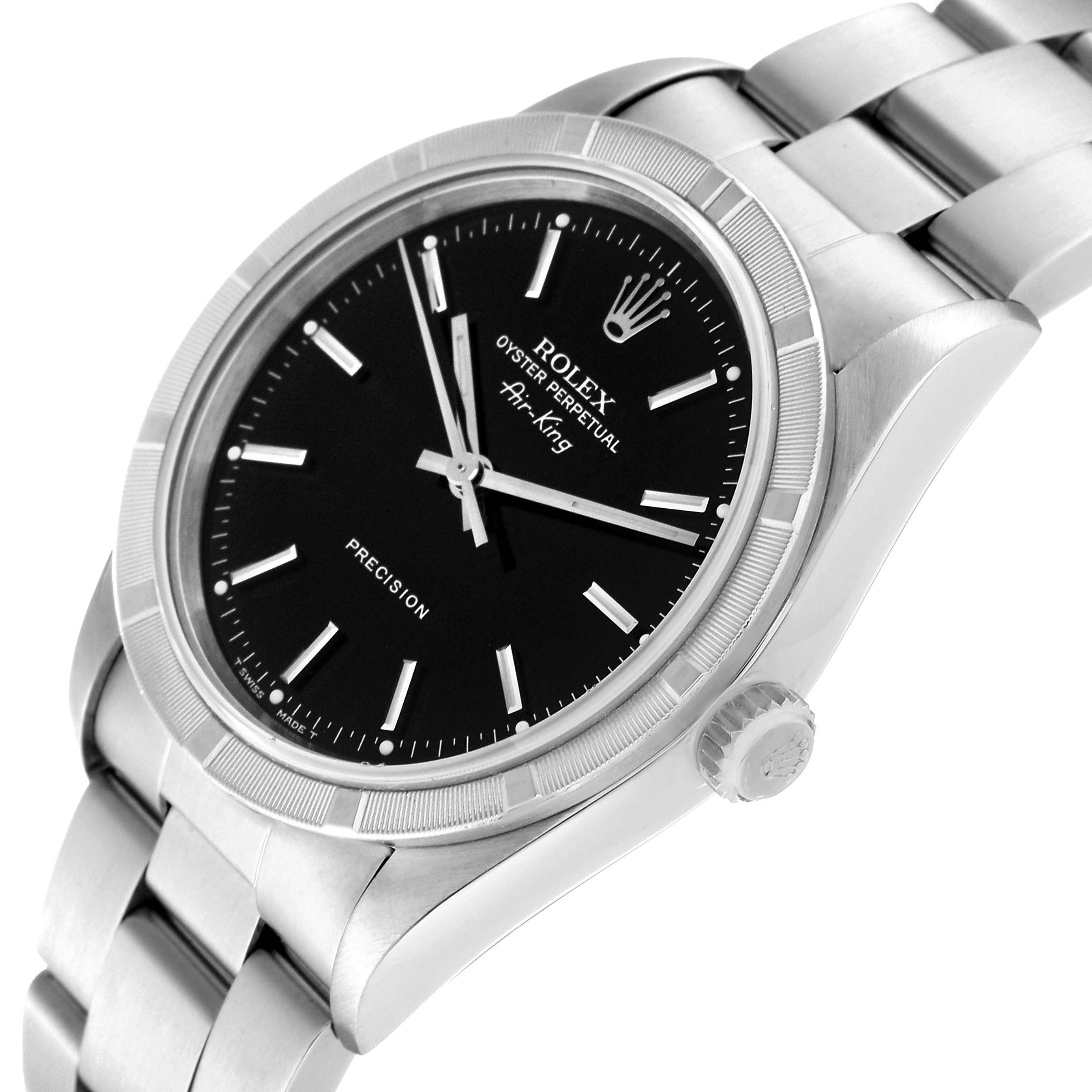 The Rolex Air-King 14010 Men's Stainless Steel Black Dial 14010 Men's Stainless Steel Black Dial watch is shown at an angle, emphasizing the dial, crown, bezel, and part of the bracelet.