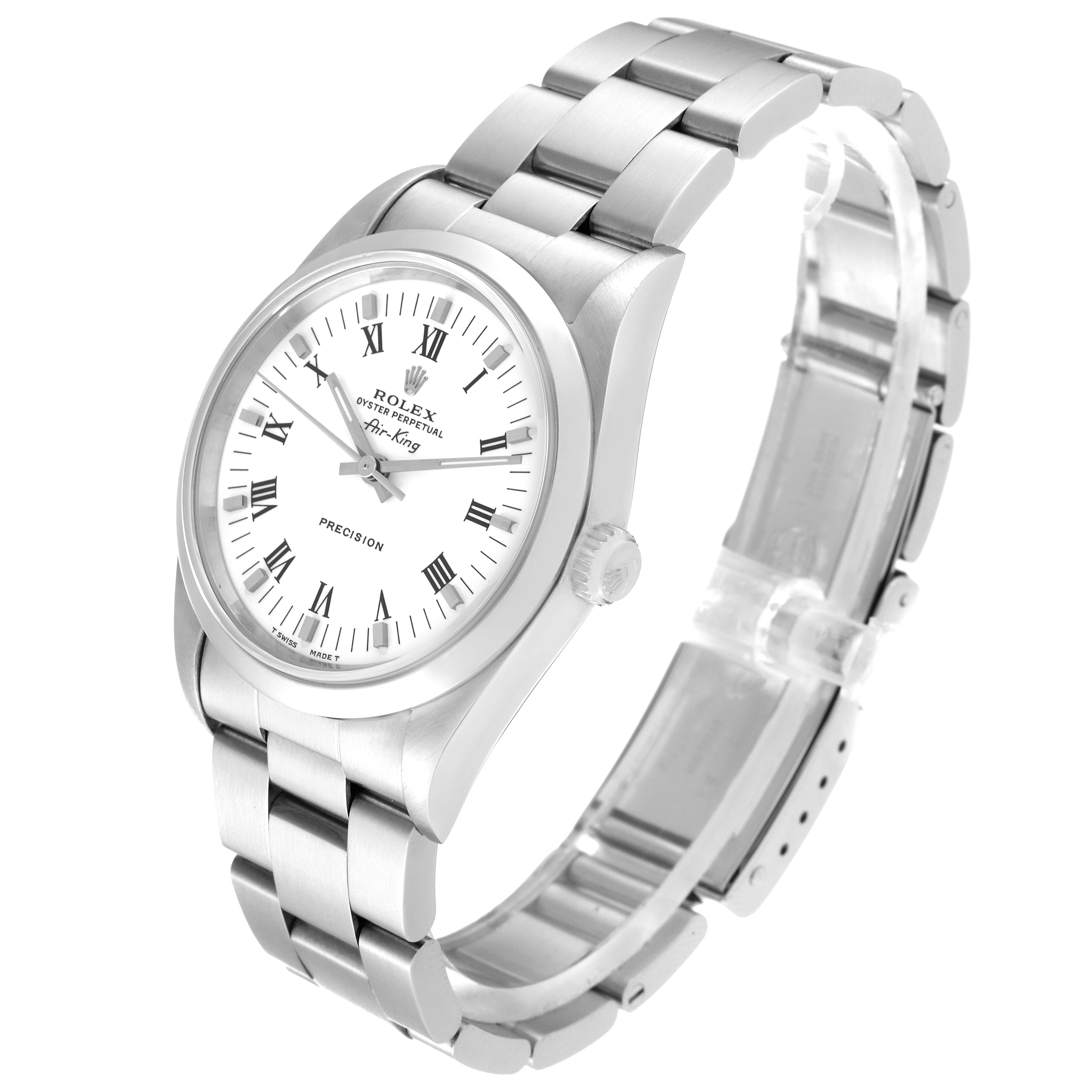 The Rolex Air-King 14000 Men's Stainless Steel White Dial 14000 Men's Stainless Steel White Dial watch is shown at a slight angle, displaying its face, bezel, case, bracelet, and clasp.