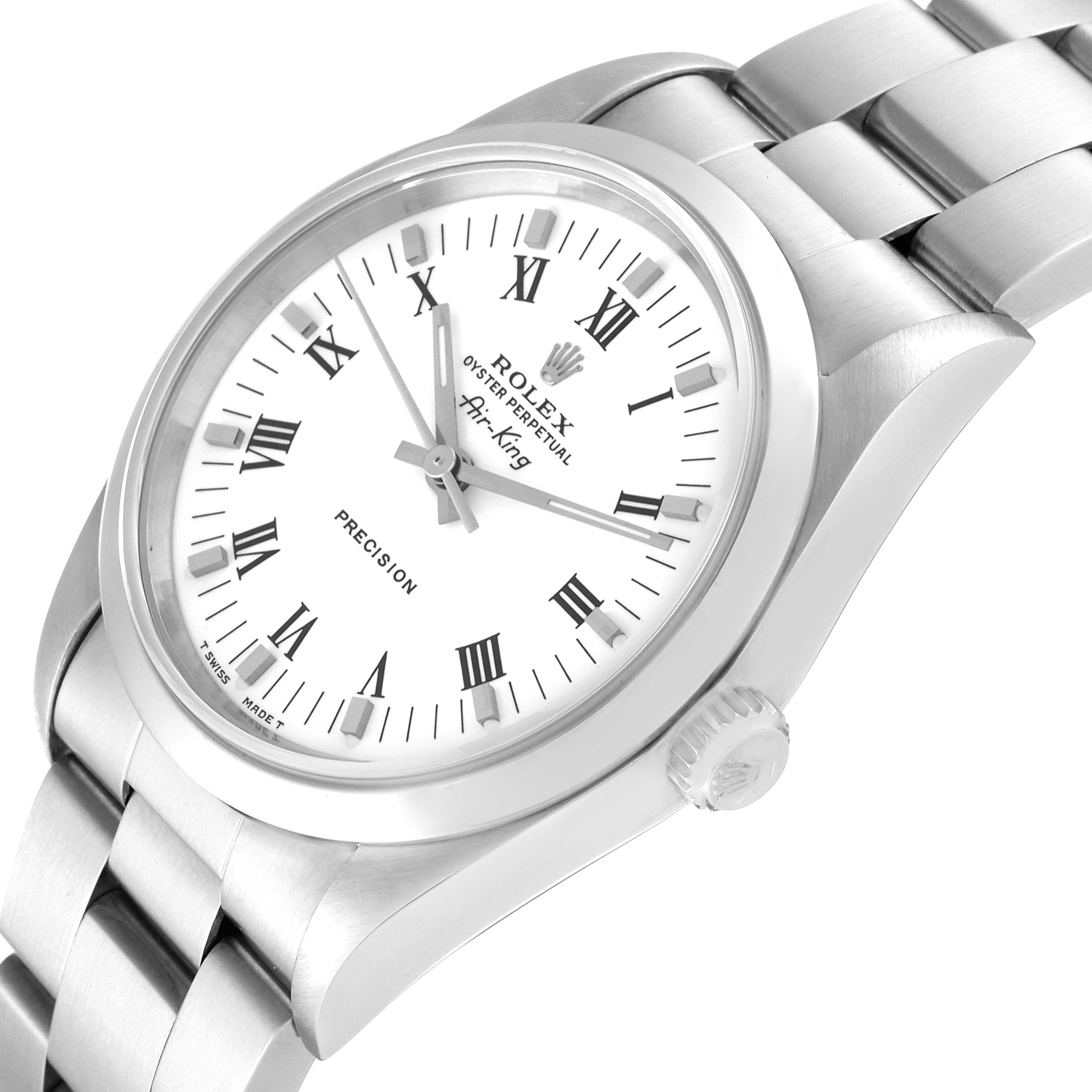 This Rolex Air-King 14000 Men's Stainless Steel White Dial 14000 Men's Stainless Steel White Dial watch is shown at an angled view, highlighting the face, crown, and part of the bracelet.