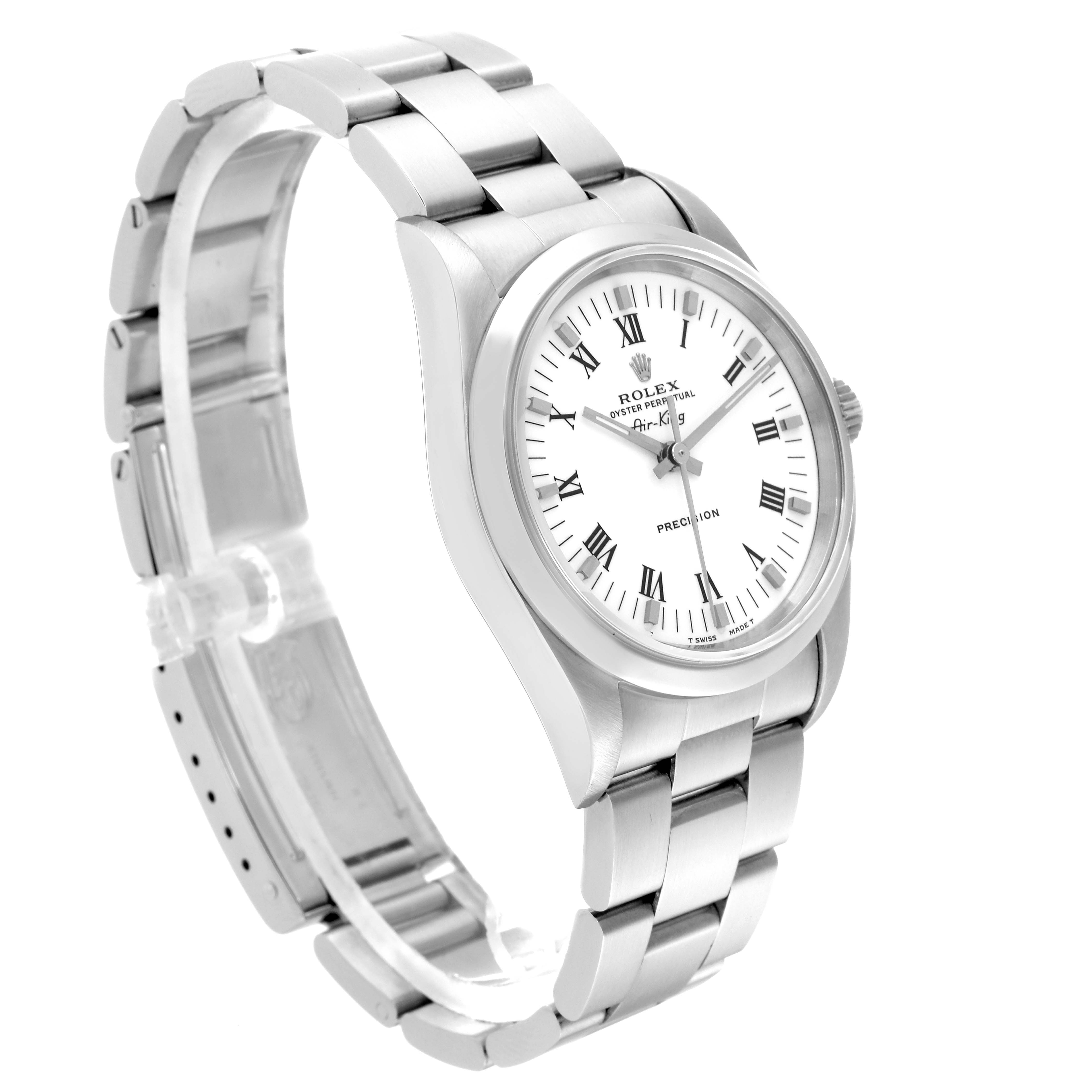 The Rolex Air-King 14000 Men's Stainless Steel White Dial 14000 Men's Stainless Steel White Dial watch is shown at a three-quarter angle, highlighting its face, bezel, and bracelet.