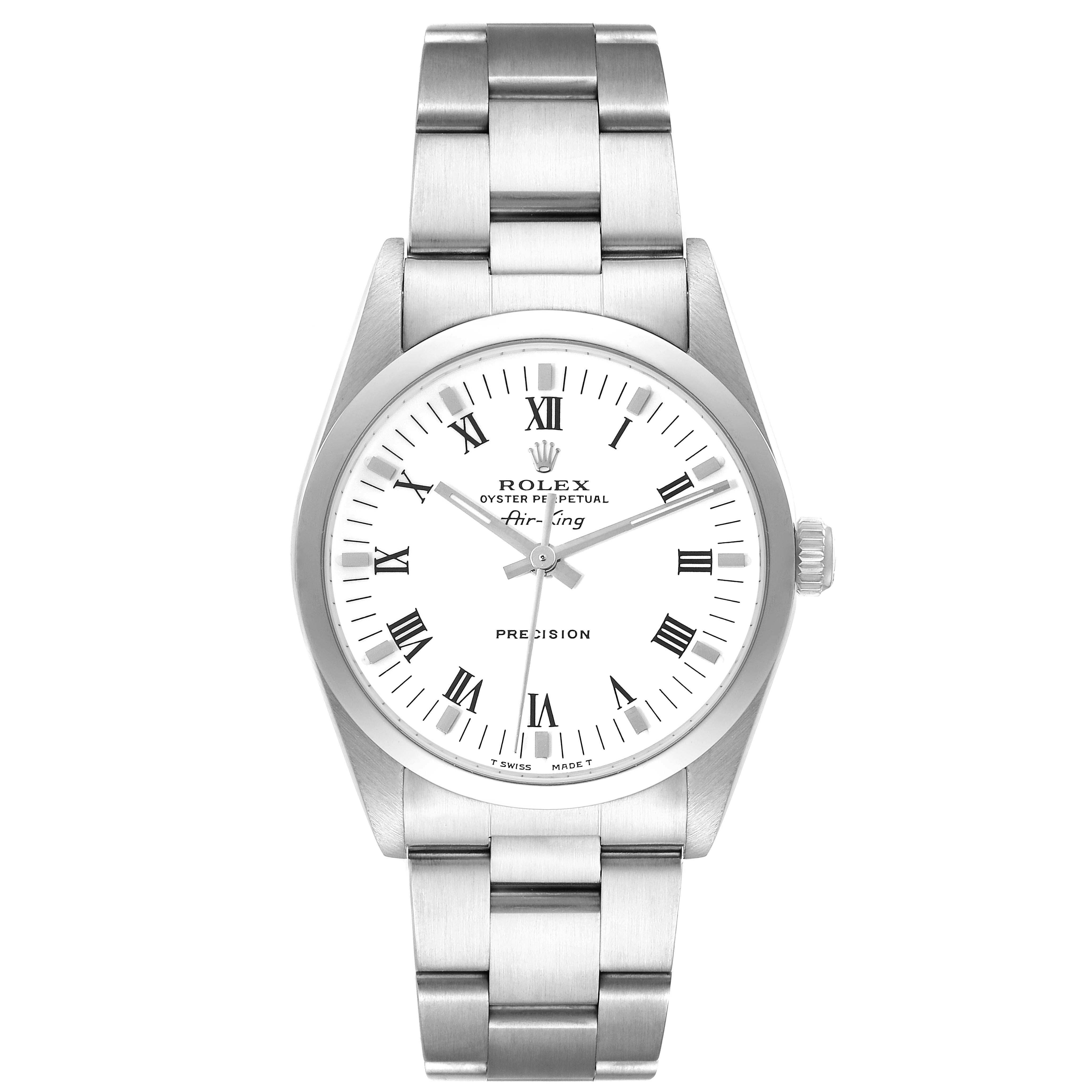 This image shows a front view of a Rolex Air-King 14000 Men's Stainless Steel White Dial 14000 Men's Stainless Steel White Dial watch, displaying its dial, bezel, crown, and bracelet.