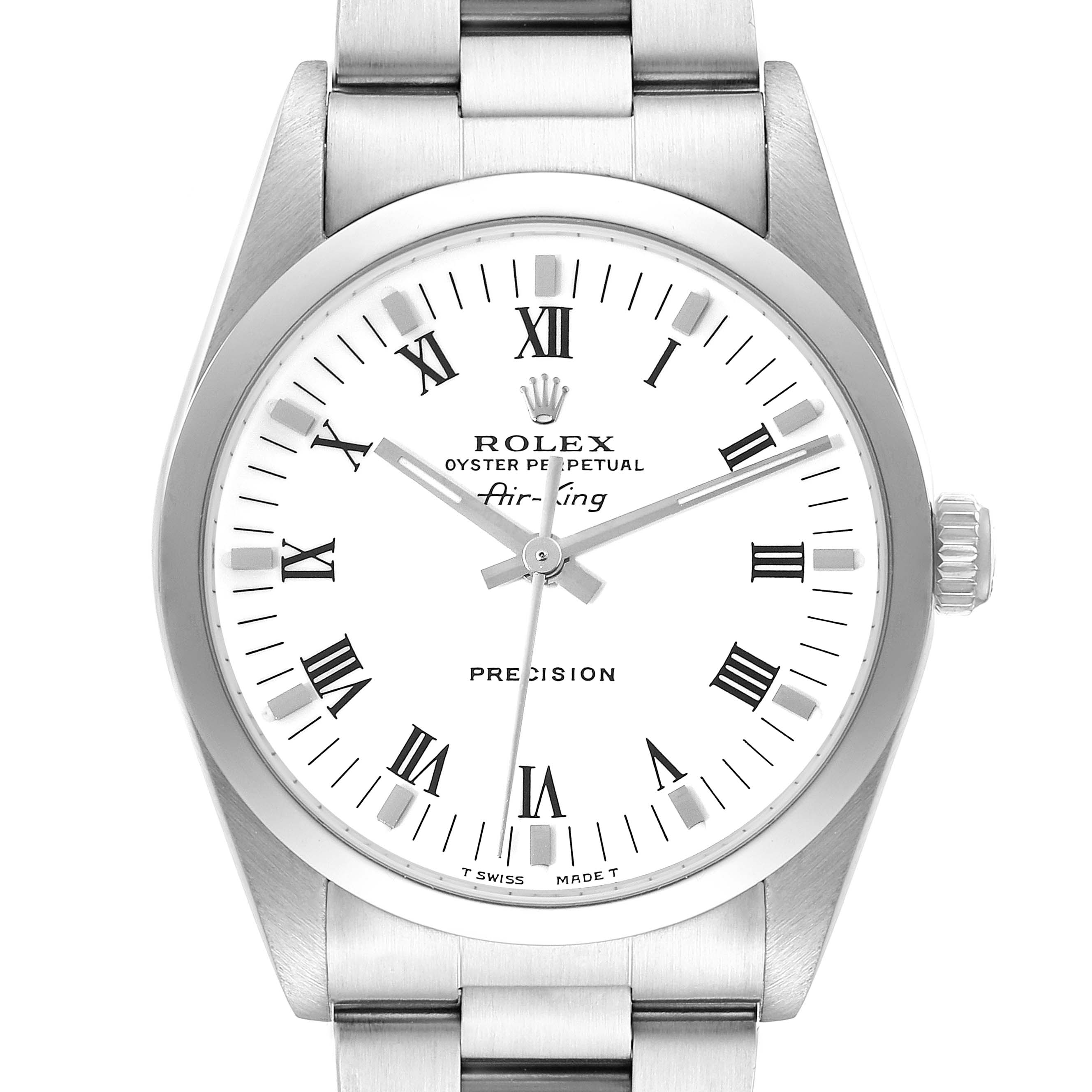 This image displays a front view of the Rolex Air-King 14000 Men's Stainless Steel White Dial 14000 Men's Stainless Steel White Dial model, showcasing the watch face, bracelet, and crown.