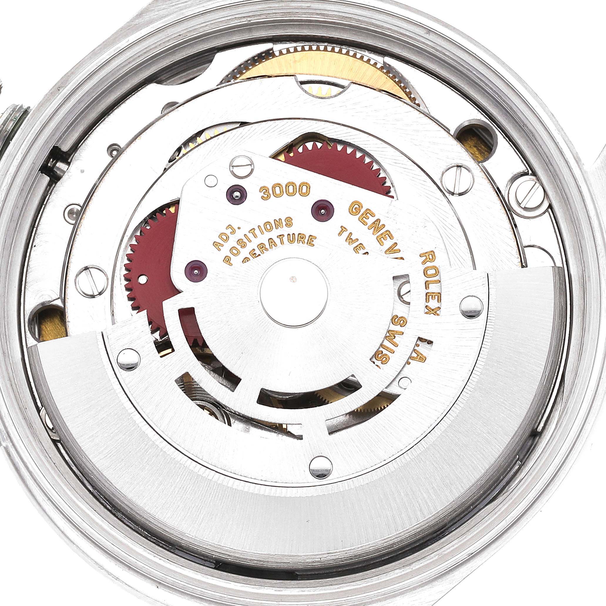 This image shows the movement and internal mechanics of a Rolex Air-King 14000 Men's Stainless Steel White Dial 14000 Men's Stainless Steel White Dial watch from a top-down angle.