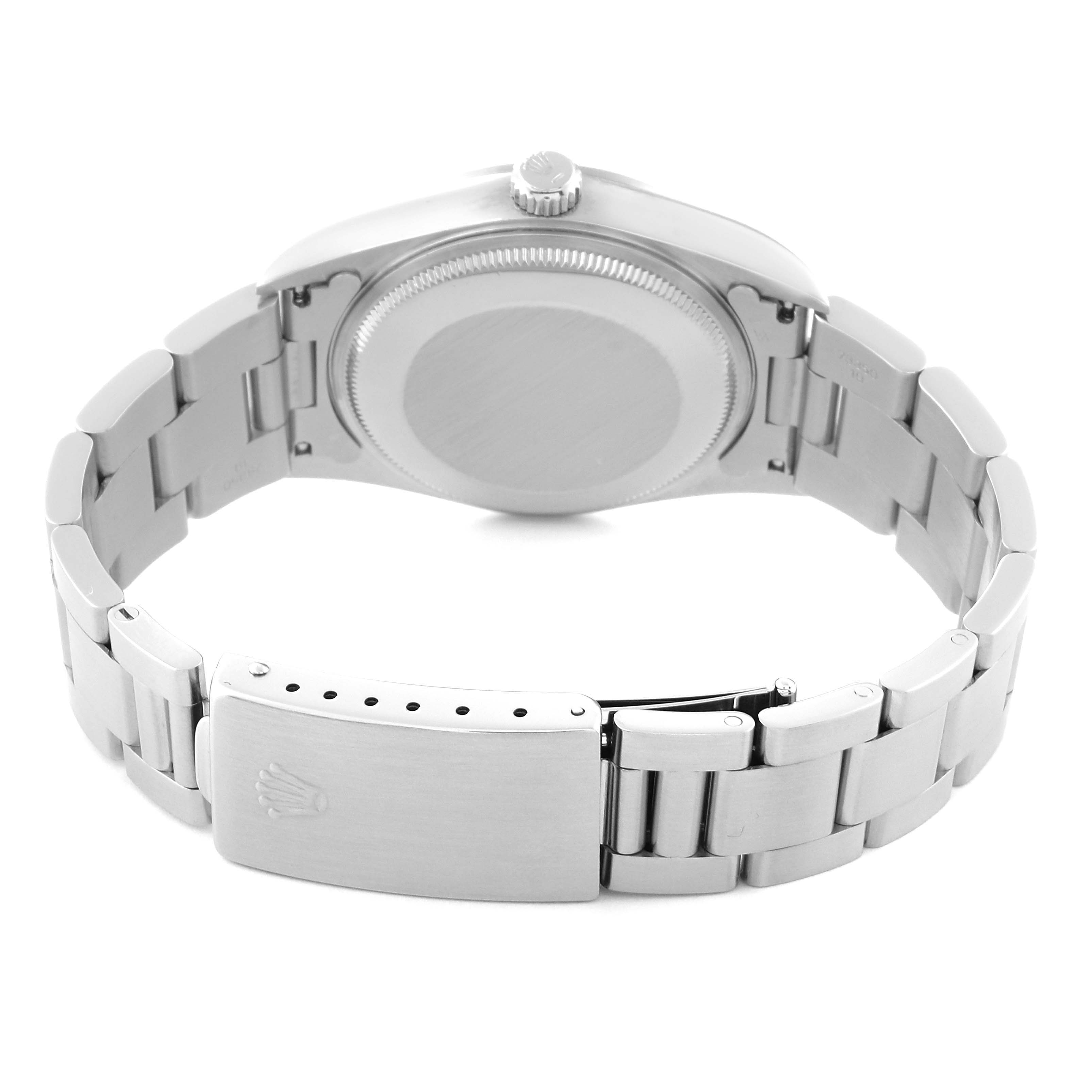 The image shows the back and bracelet of a Rolex Air-King 14000 Men's Stainless Steel White Dial 14000 Men's Stainless Steel White Dial watch, featuring the clasp and case back.