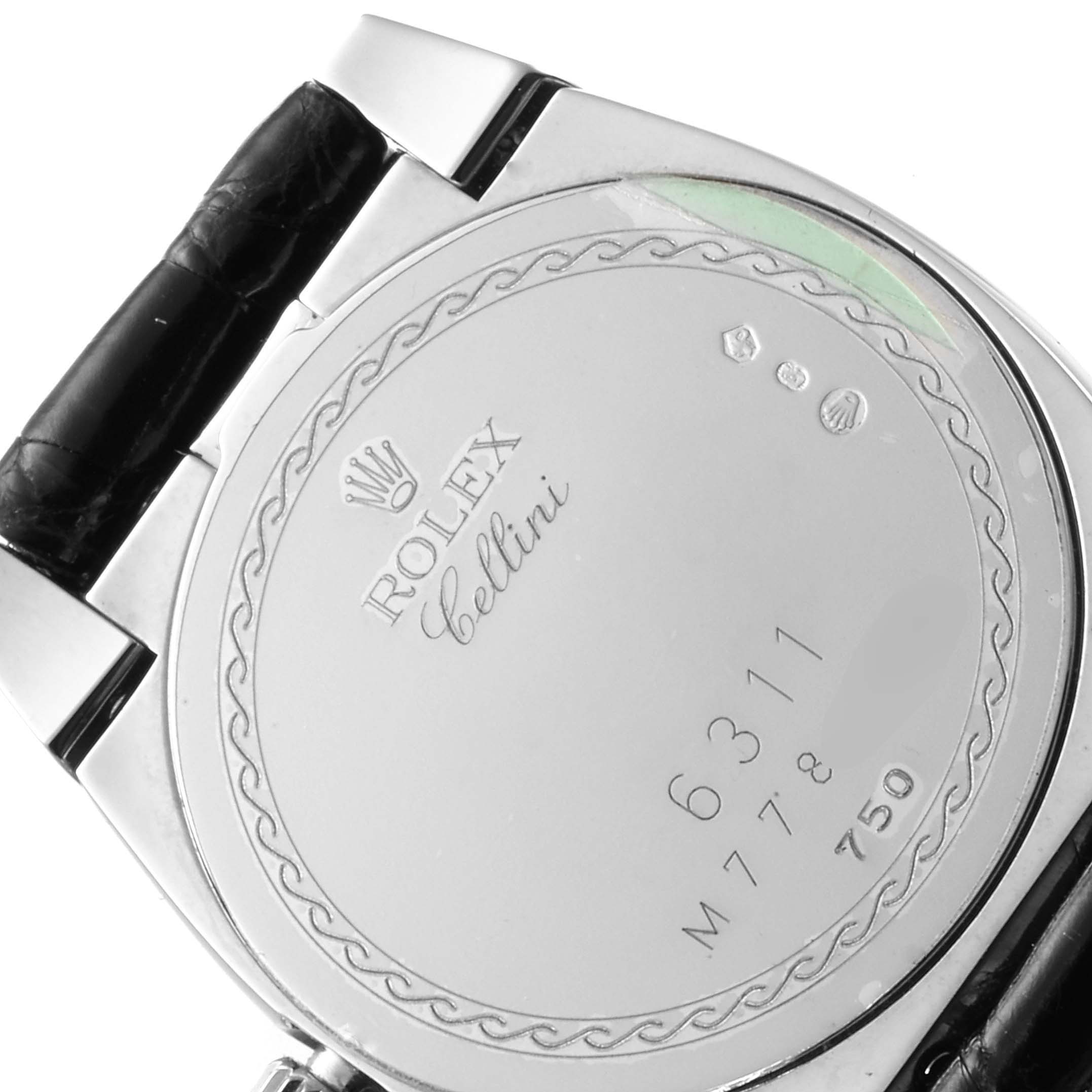 The image displays the back case and part of the strap of a Rolex Cellini 6311/9 Women's White Gold Mother of Pearl Dial 6311/9 Women's White Gold Mother of Pearl Dial watch.