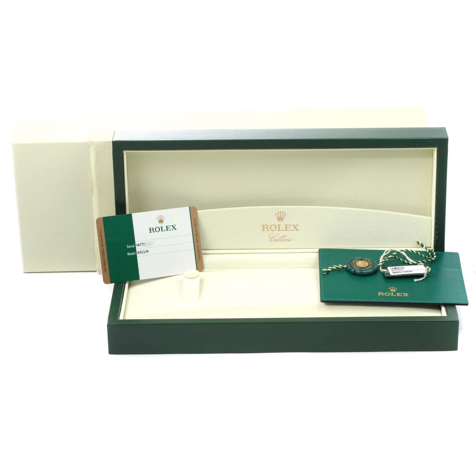 The image shows the packaging of a Rolex Cellini 6311/9 Women's White Gold Mother of Pearl Dial 6311/9 Women's White Gold Mother of Pearl Dial watch, including the box, warranty card, and tags, taken from a front angle.
