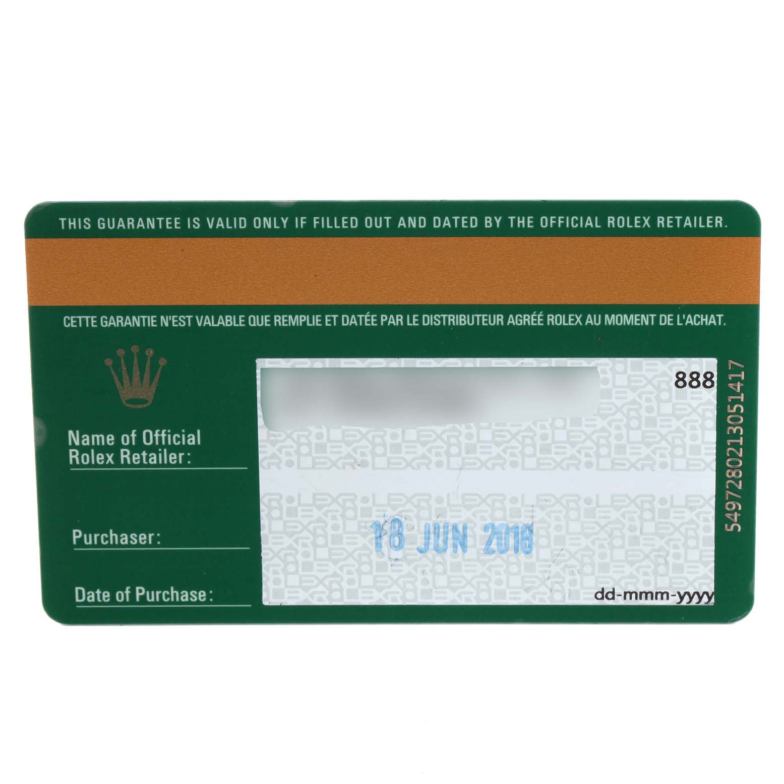 This is a warranty card for the Rolex Cellini 6311/9 Women's White Gold Mother of Pearl Dial 6311/9 Women's White Gold Mother of Pearl Dial model, featuring fields for retailer, purchaser, and date of purchase information.