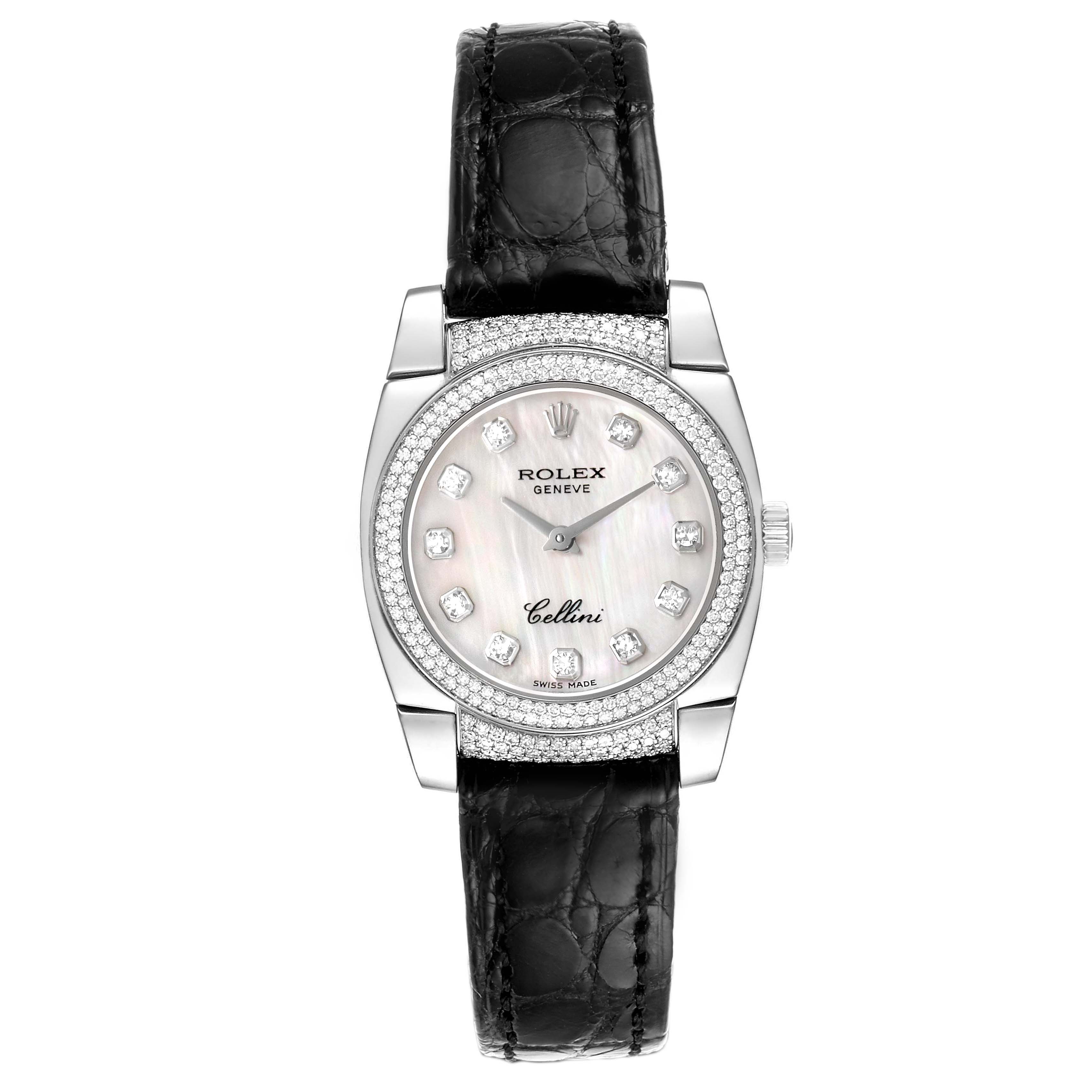 The Rolex Cellini 6311/9 Women's White Gold Mother of Pearl Dial 6311/9 Women's White Gold Mother of Pearl Dial watch is shown from the front, highlighting its dial, bezel, and leather strap.