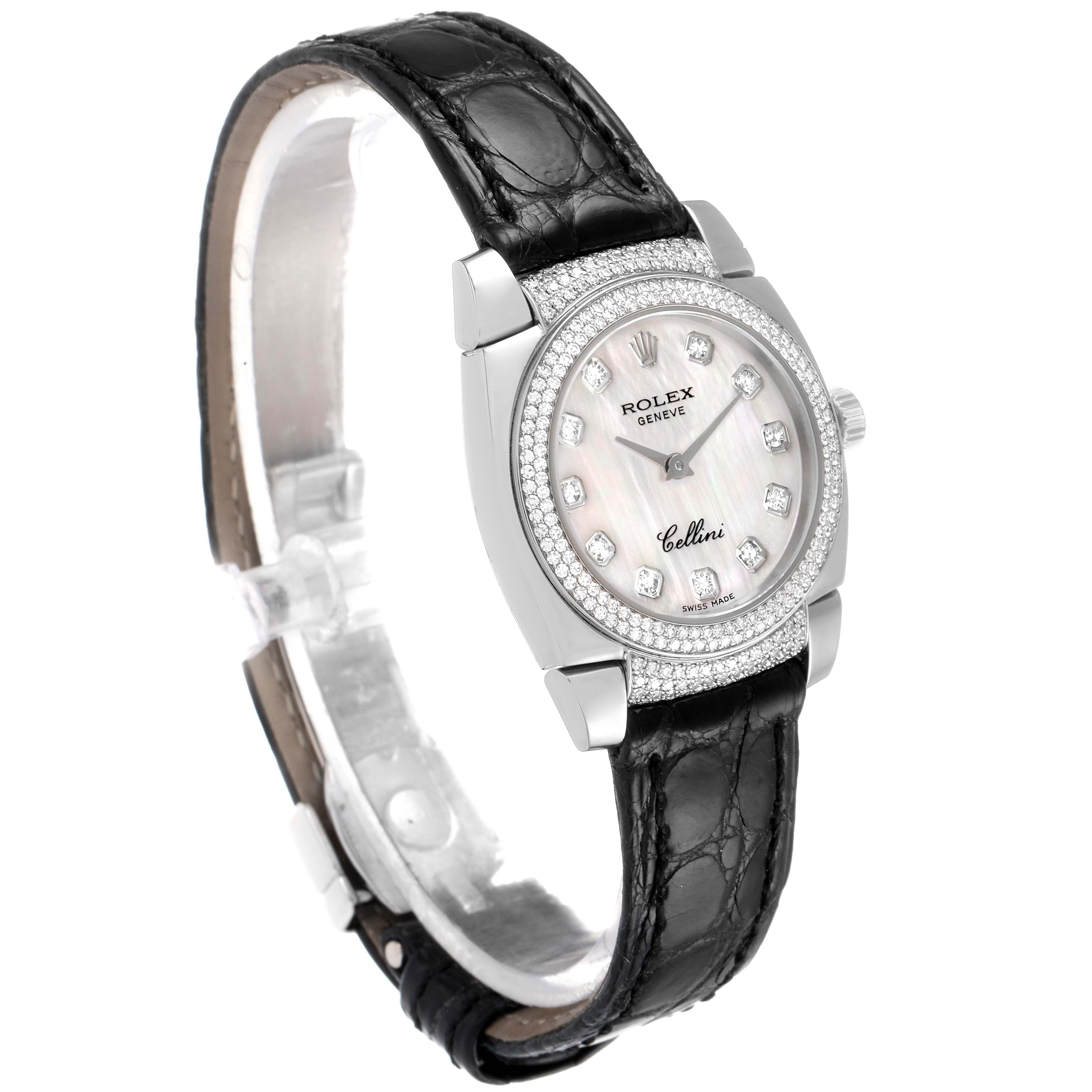 The Rolex Cellini 6311/9 Women's White Gold Mother of Pearl Dial 6311/9 Women's White Gold Mother of Pearl Dial watch is shown at a 3/4 angle, highlighting the face, bezel, and leather strap.