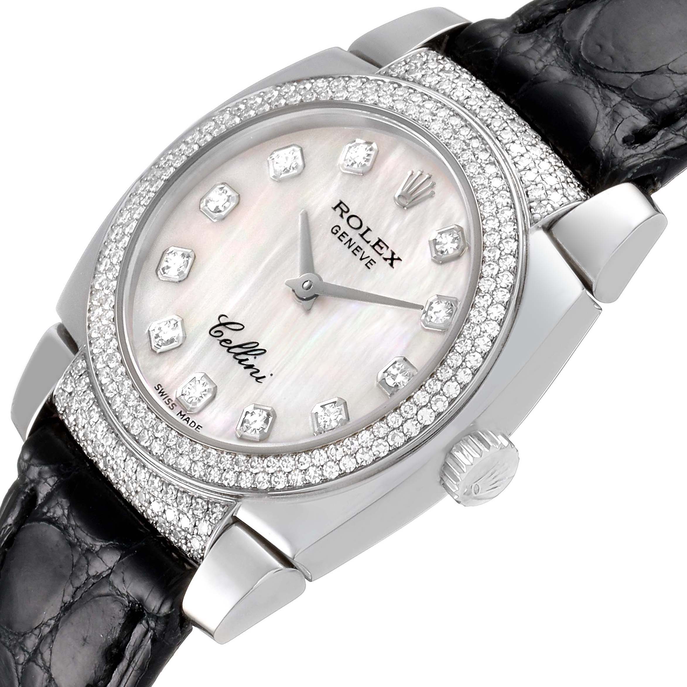 The Rolex Cellini 6311/9 Women's White Gold Mother of Pearl Dial 6311/9 Women's White Gold Mother of Pearl Dial watch is shown from an angled perspective, highlighting the face, bezel, crown, and strap attachment.