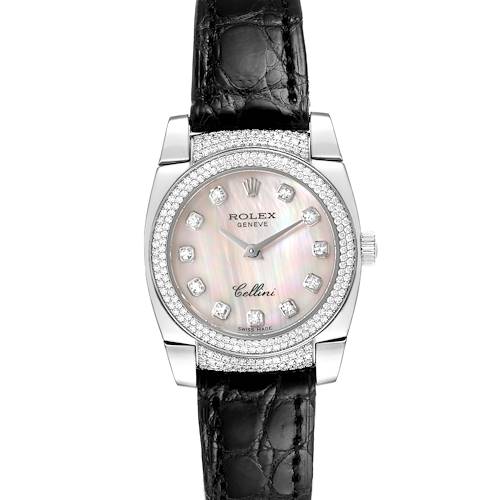 Photo of Rolex Cellini Cestello White Gold Mother of Pearl Diamond Ladies Watch 6311 Box Card