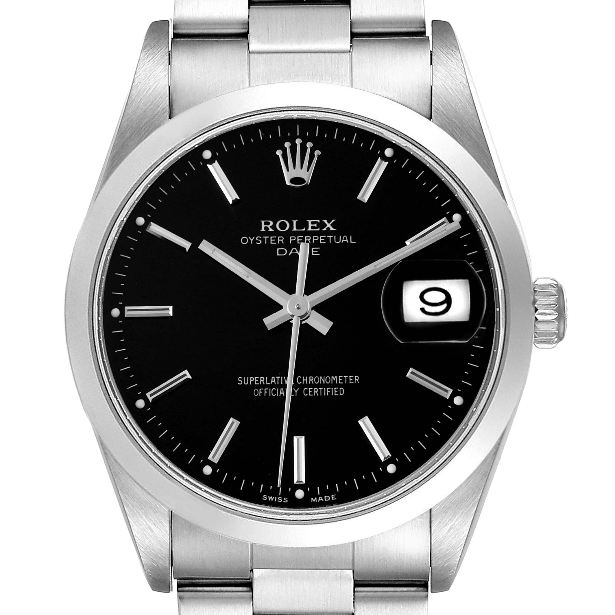 This image shows a front view of the Rolex Date 15200 Men's Stainless Steel Black Dial 15200 Men's Stainless Steel Black Dial model watch, displaying the face, crown, and part of the bracelet.