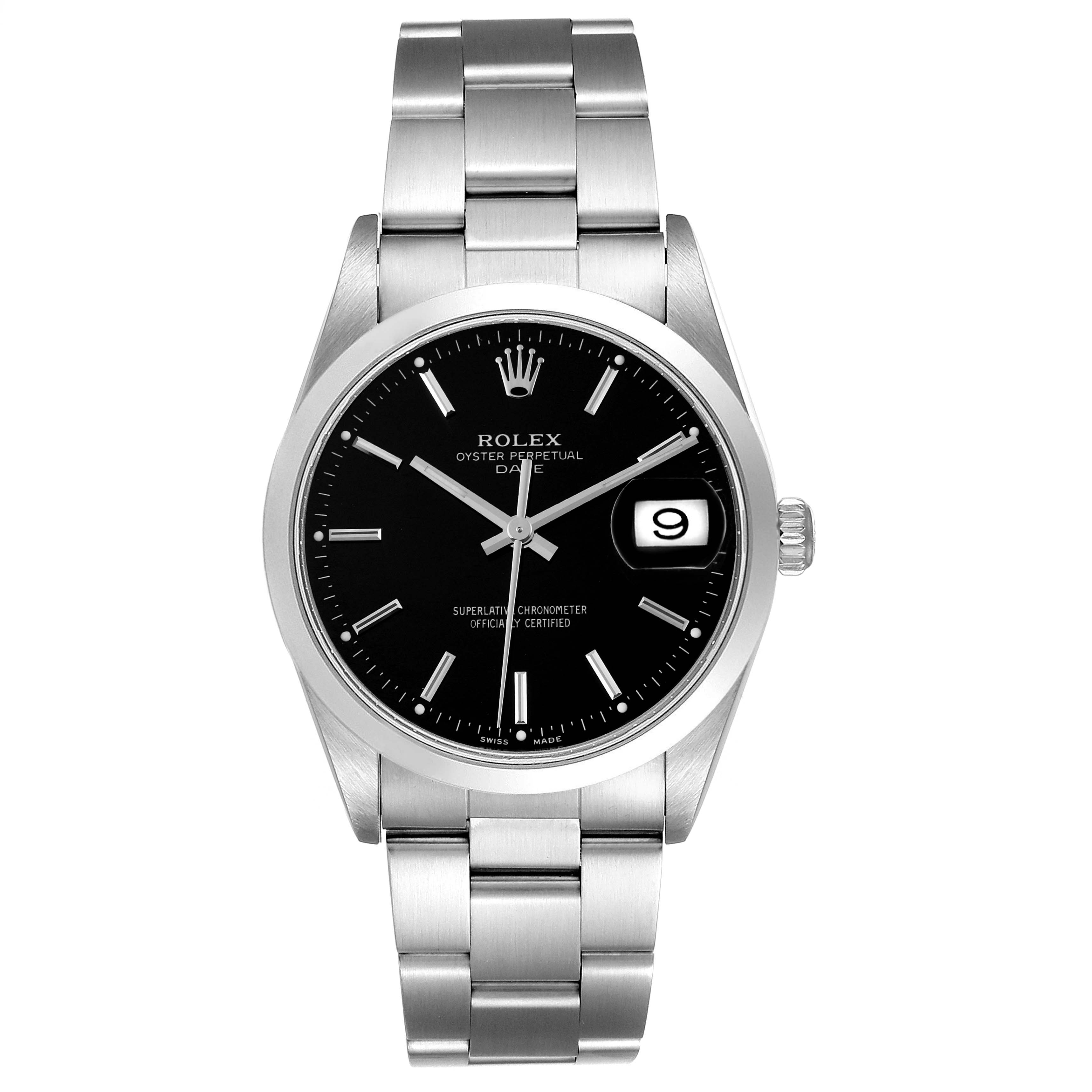 The image shows a front view of a Rolex Date 15200 Men's Stainless Steel Black Dial 15200 Men's Stainless Steel Black Dial model, displaying its stainless steel bracelet, black dial, and date window at 3 o'clock.