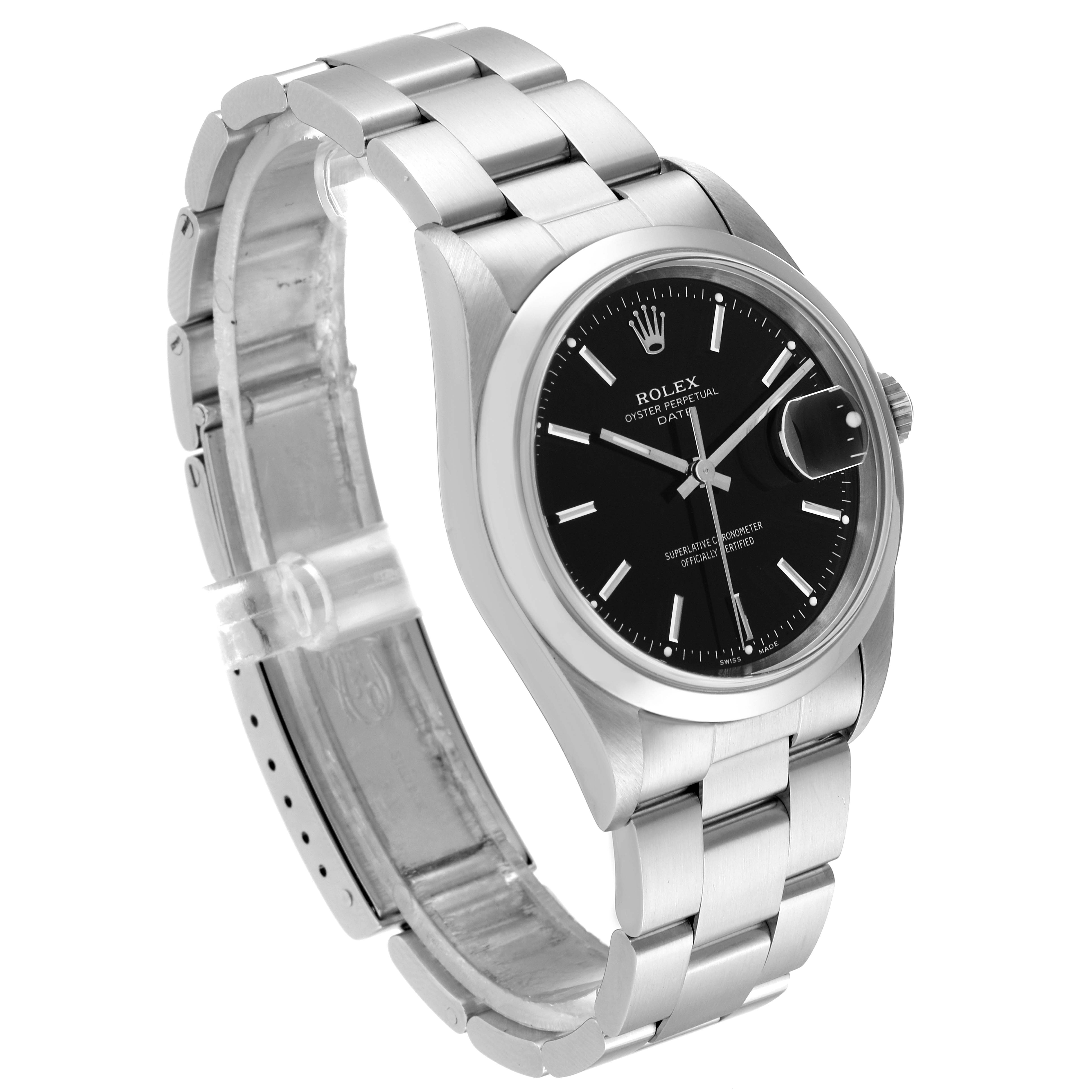 The image shows a Rolex Date 15200 Men's Stainless Steel Black Dial 15200 Men's Stainless Steel Black Dial model watch at a slight angle, displaying the face, links, and partially open clasp.