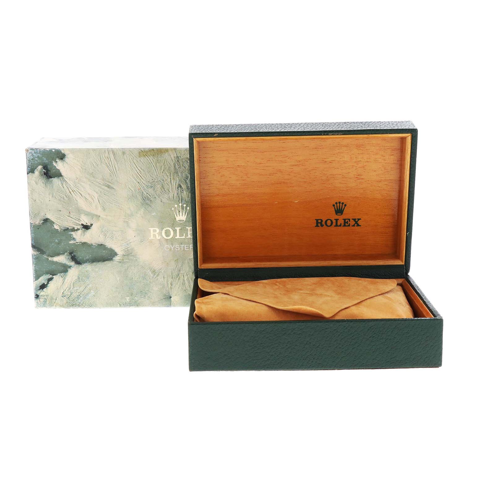 The image shows the packaging box and inner case for a Rolex Date 15200 Men's Stainless Steel Black Dial 15200 Men's Stainless Steel Black Dial model watch, with the lid open.