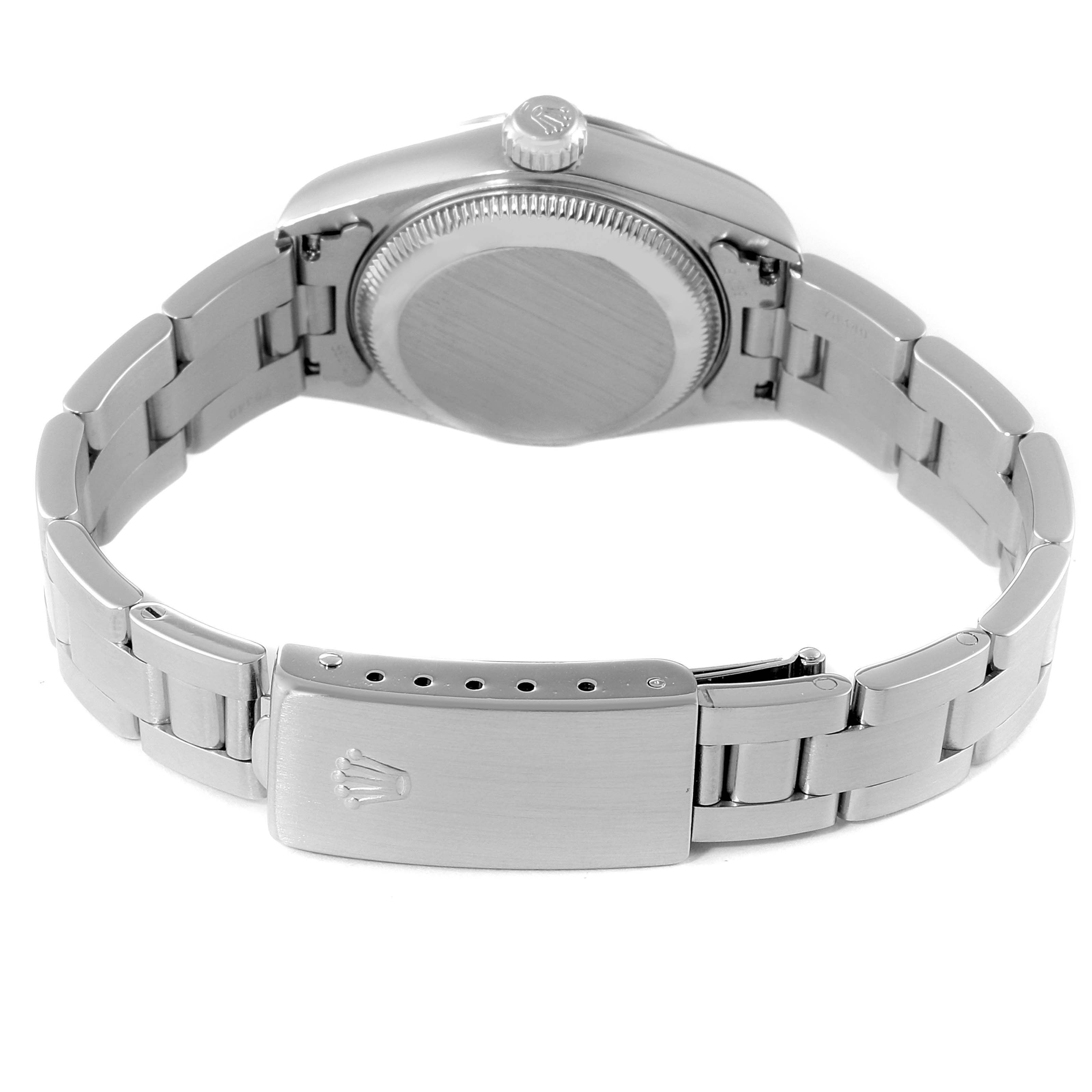 This image shows the back, bracelet, clasp, and crown of a Rolex Date 69190 Women's Stainless Steel Black Dial 69190 Women's Stainless Steel Black Dial model watch from a rear angle.