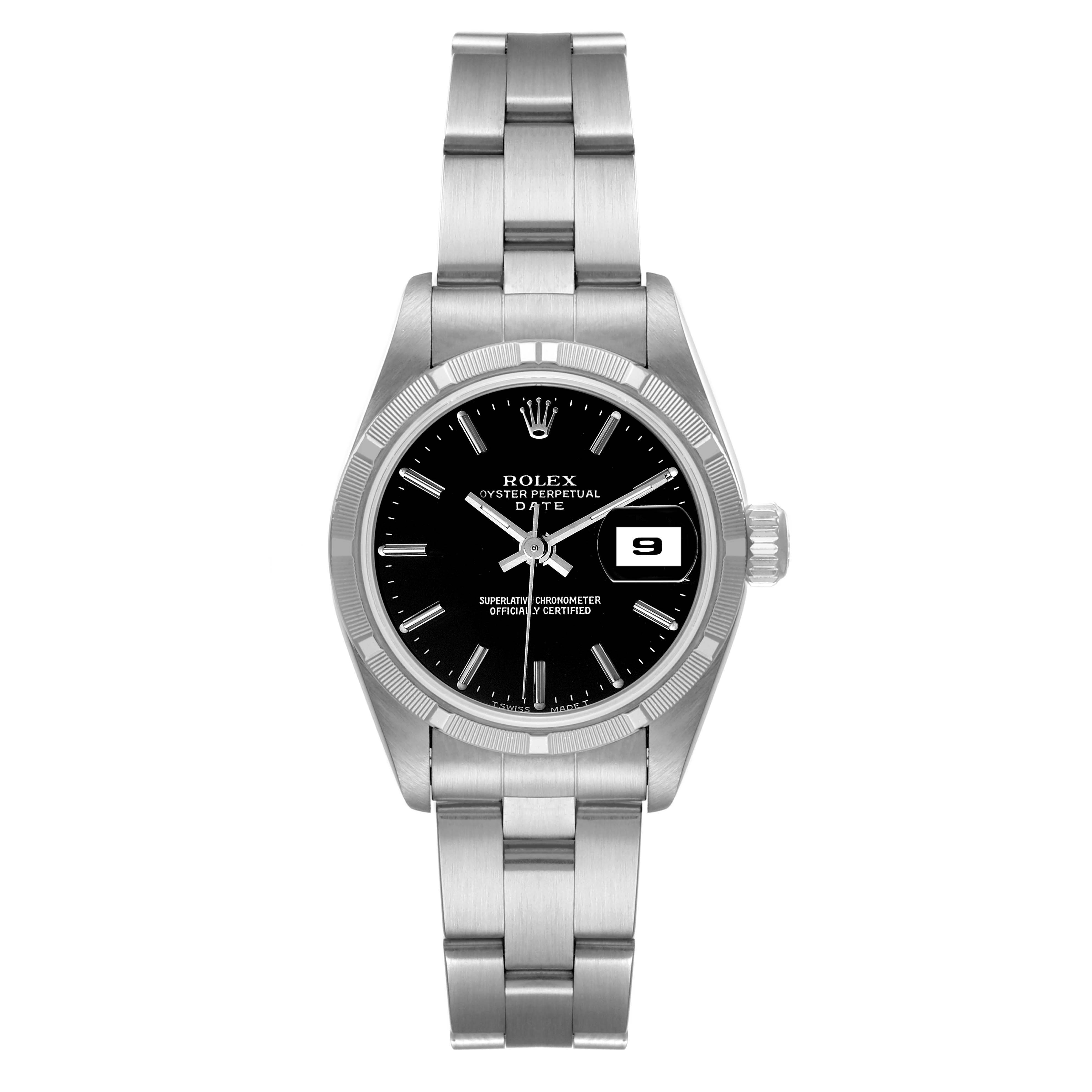 This image shows a front view of the Rolex Date 69190 Women's Stainless Steel Black Dial 69190 Women's Stainless Steel Black Dial model watch, displaying the dial, bracelet, and crown.