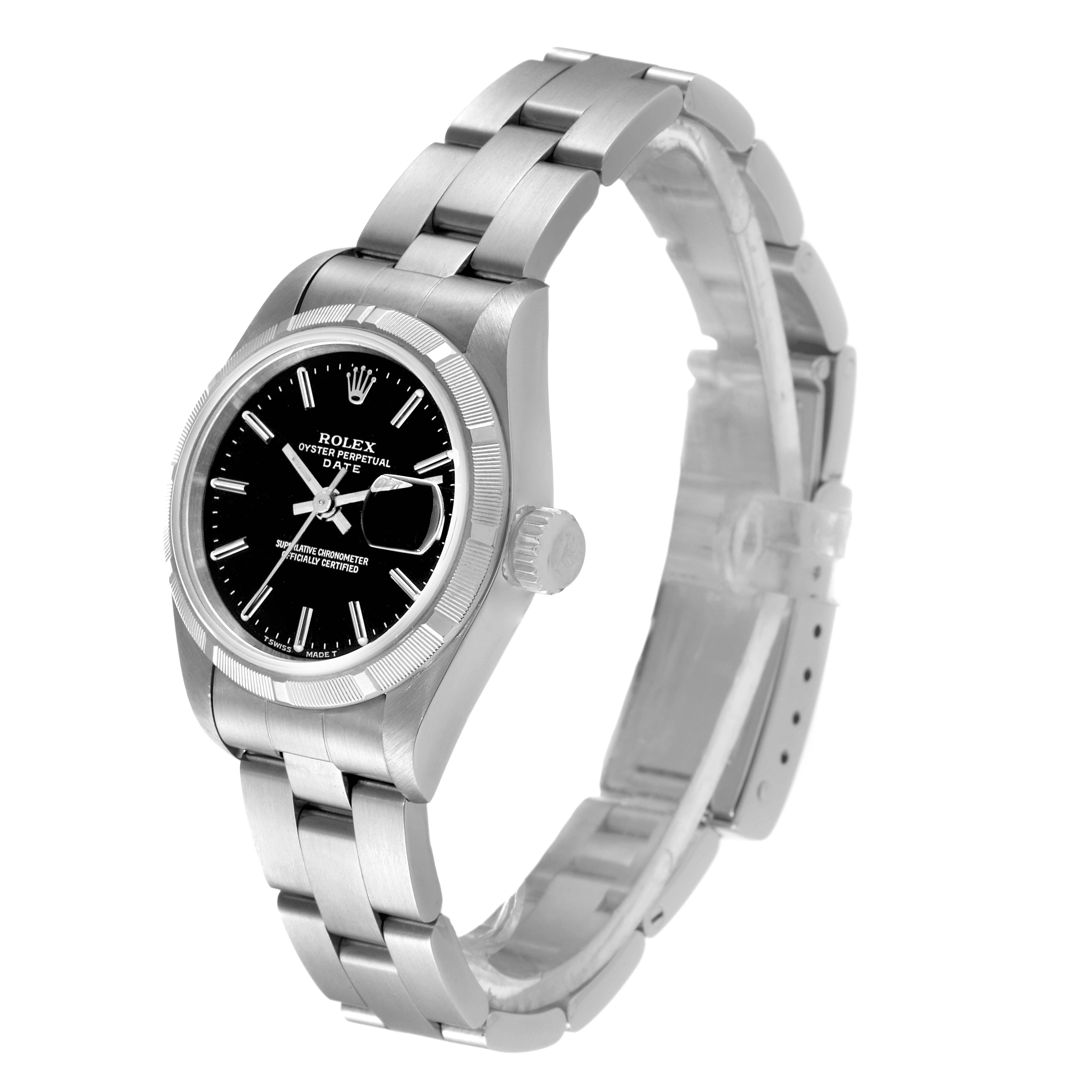 This image shows a Rolex Date 69190 Women's Stainless Steel Black Dial 69190 Women's Stainless Steel Black Dial model watch, angled to display the face, crown, bezel, and part of the bracelet.