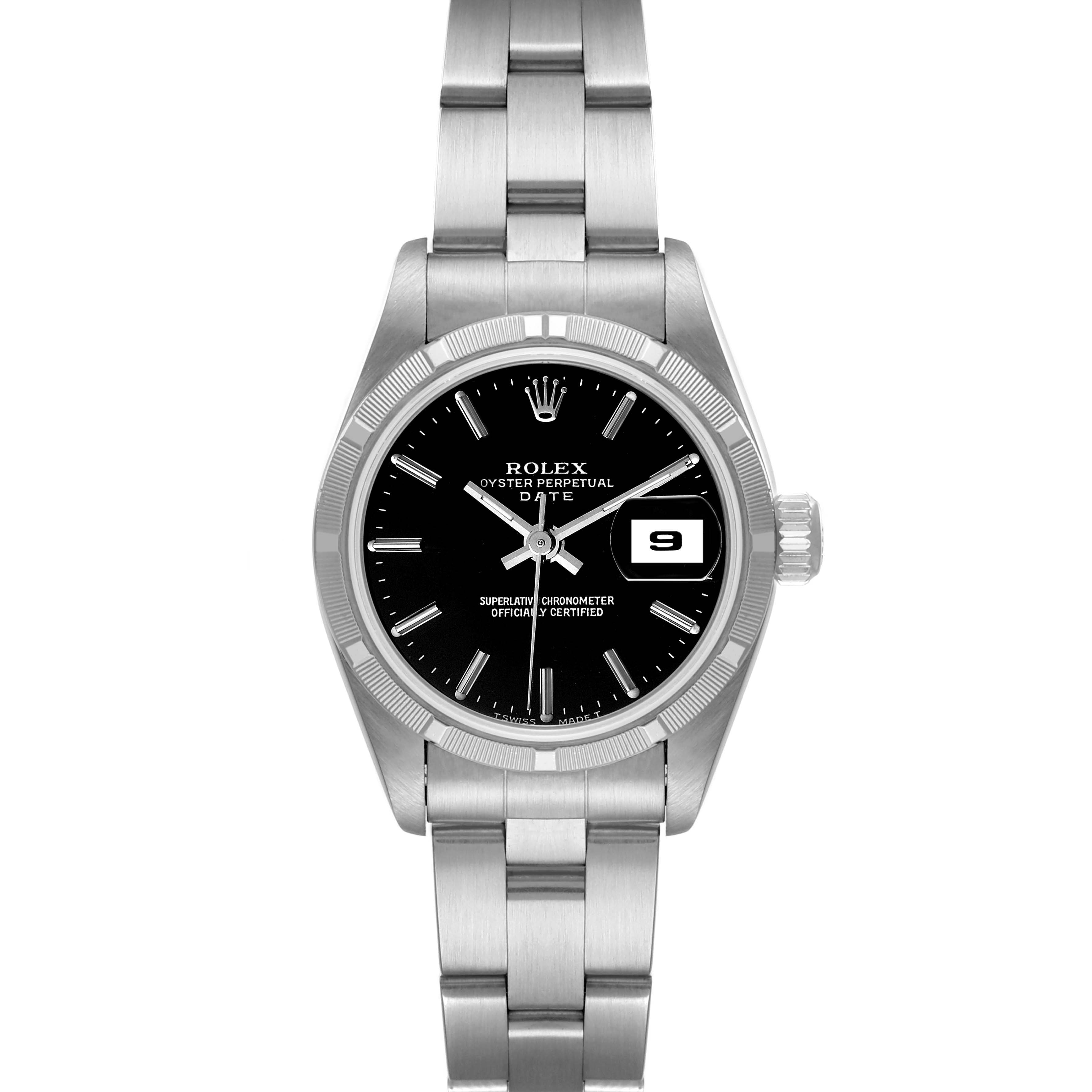 The image shows a front view of a Rolex Oyster Perpetual Date watch, displaying the dial, bezel, and bracelet.