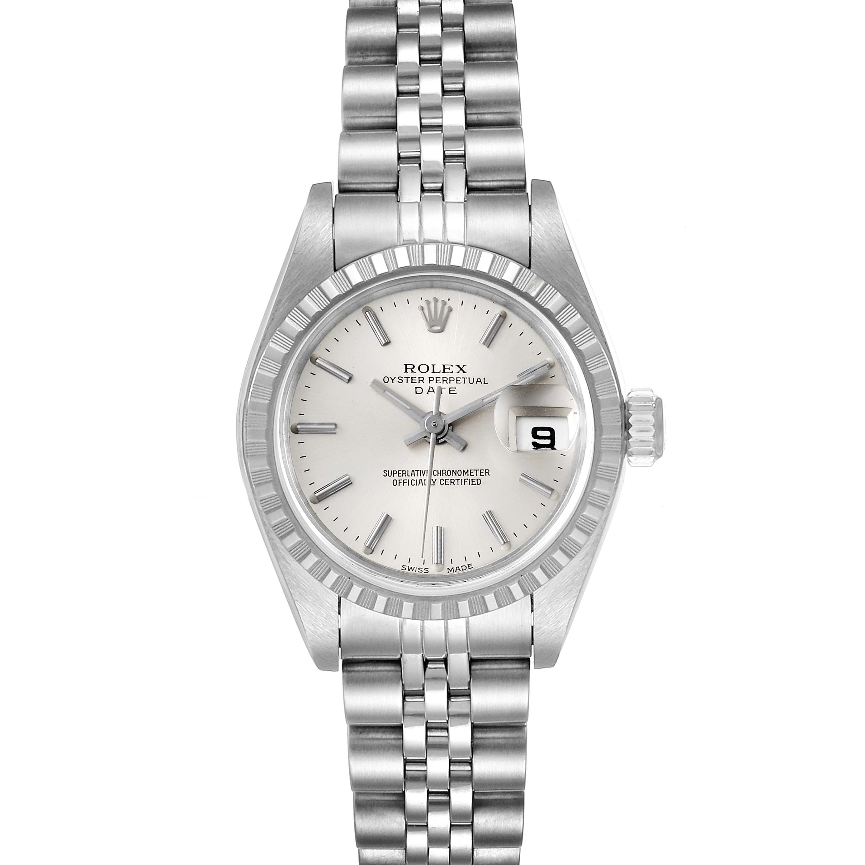 The image shows a frontal view of the Rolex Datejust 79240 Women's Stainless Steel Silver Dial 79240 Women's Stainless Steel Silver Dial watch, including the dial, hands, date display, and bracelet.