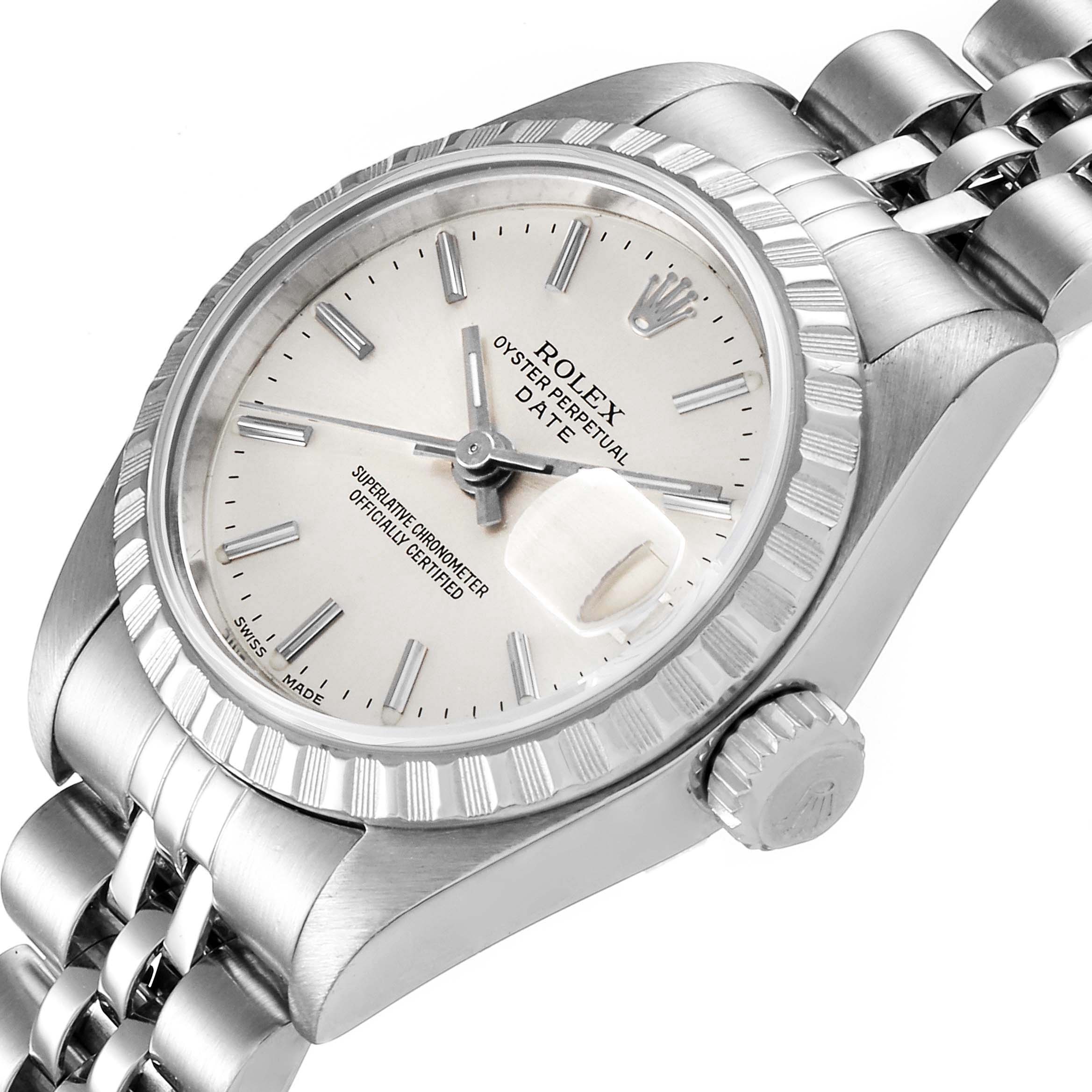 The image shows a close-up, angled view of a Rolex Datejust 79240 Women's Stainless Steel Silver Dial 79240 Women's Stainless Steel Silver Dial, featuring the face, crown, and part of the bracelet.