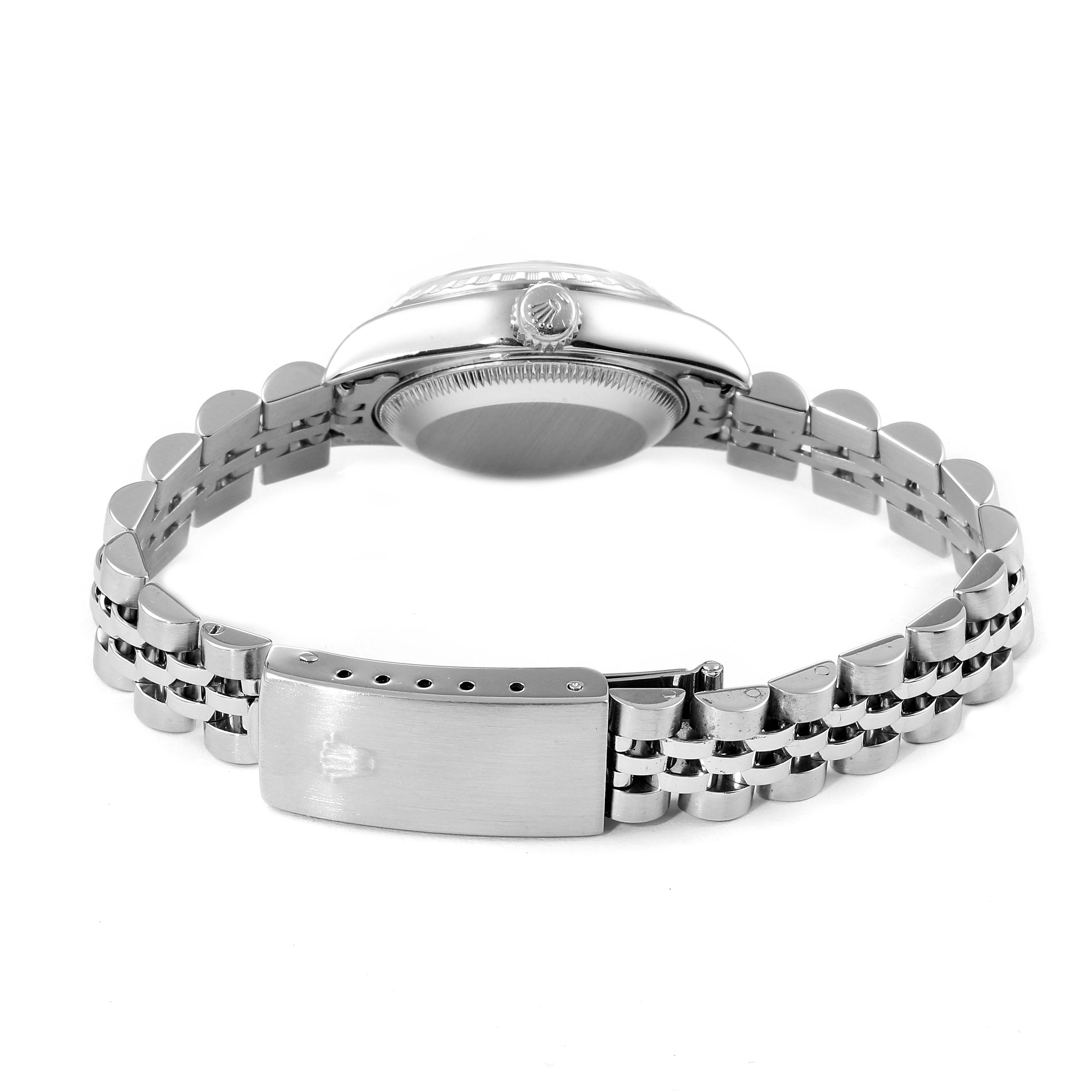 This image shows the back view of a Rolex Datejust 79240 Women's Stainless Steel Silver Dial 79240 Women's Stainless Steel Silver Dial watch, highlighting its case, bracelet, and clasp.