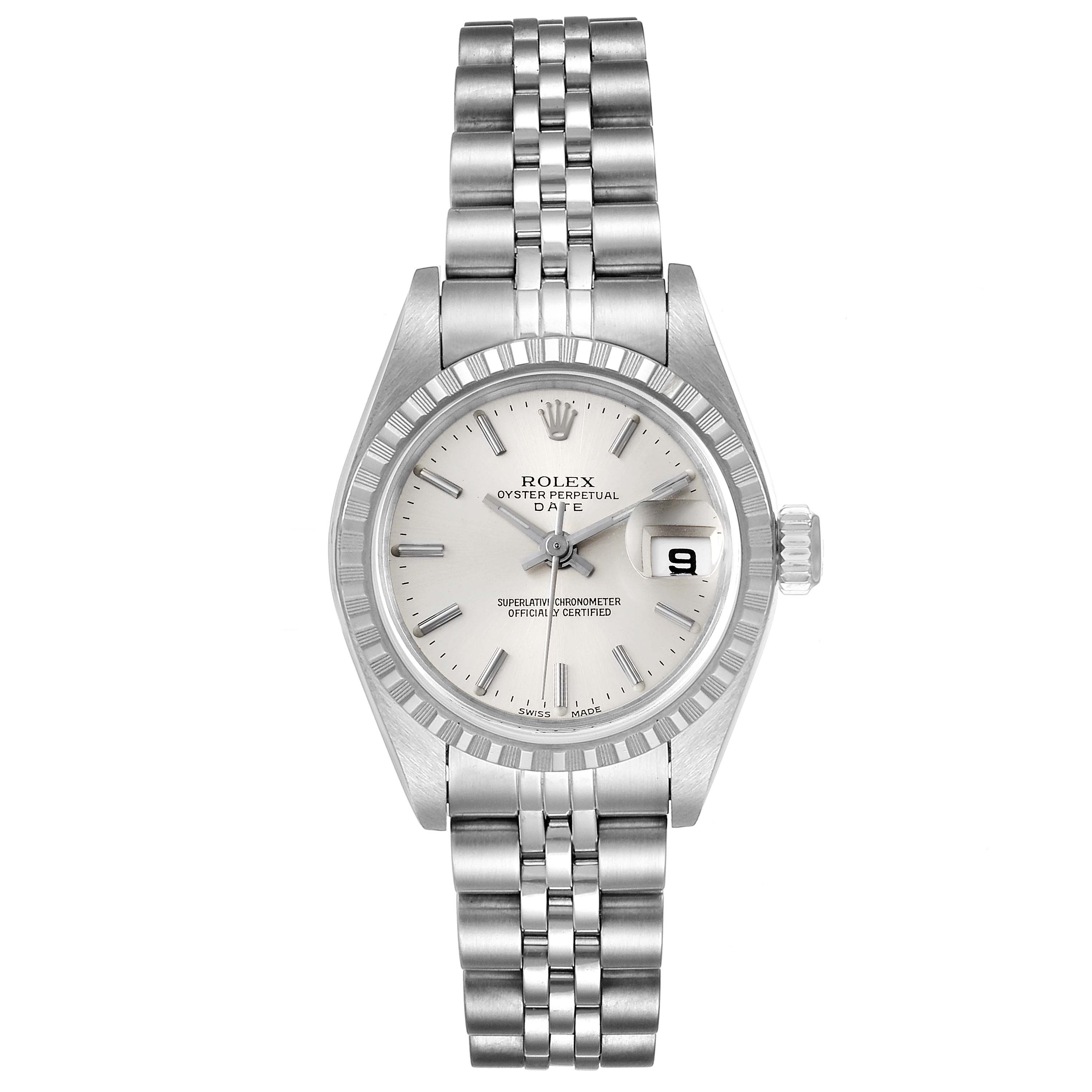 The image shows a frontal view of a Rolex Datejust 79240 Women's Stainless Steel Silver Dial 79240 Women's Stainless Steel Silver Dial watch, displaying its dial, fluted bezel, and jubilee bracelet.
