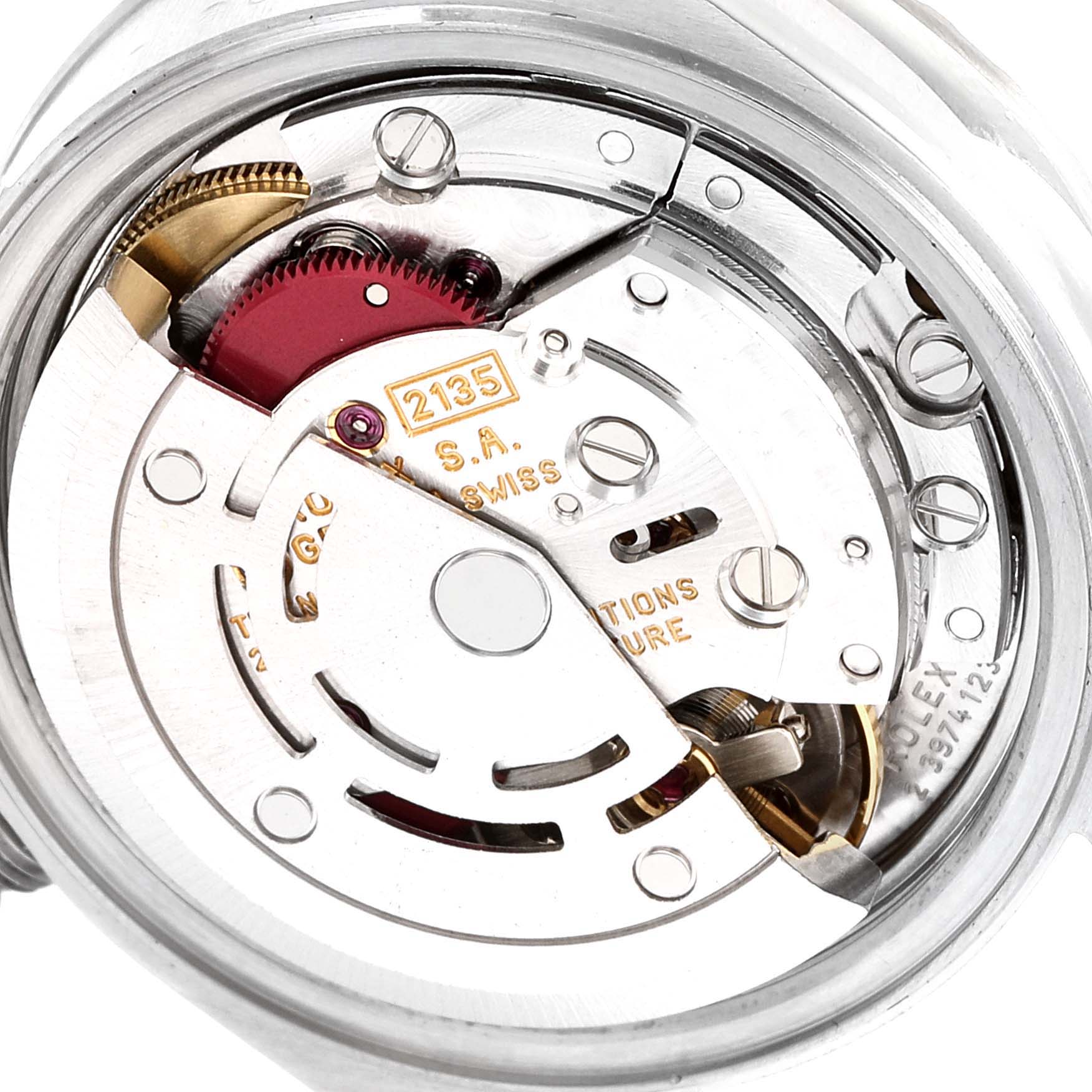 The image shows the internal movement mechanism of a Rolex Date 69240 Women's Stainless Steel White Dial 69240 Women's Stainless Steel White Dial model watch from a close-up angle.