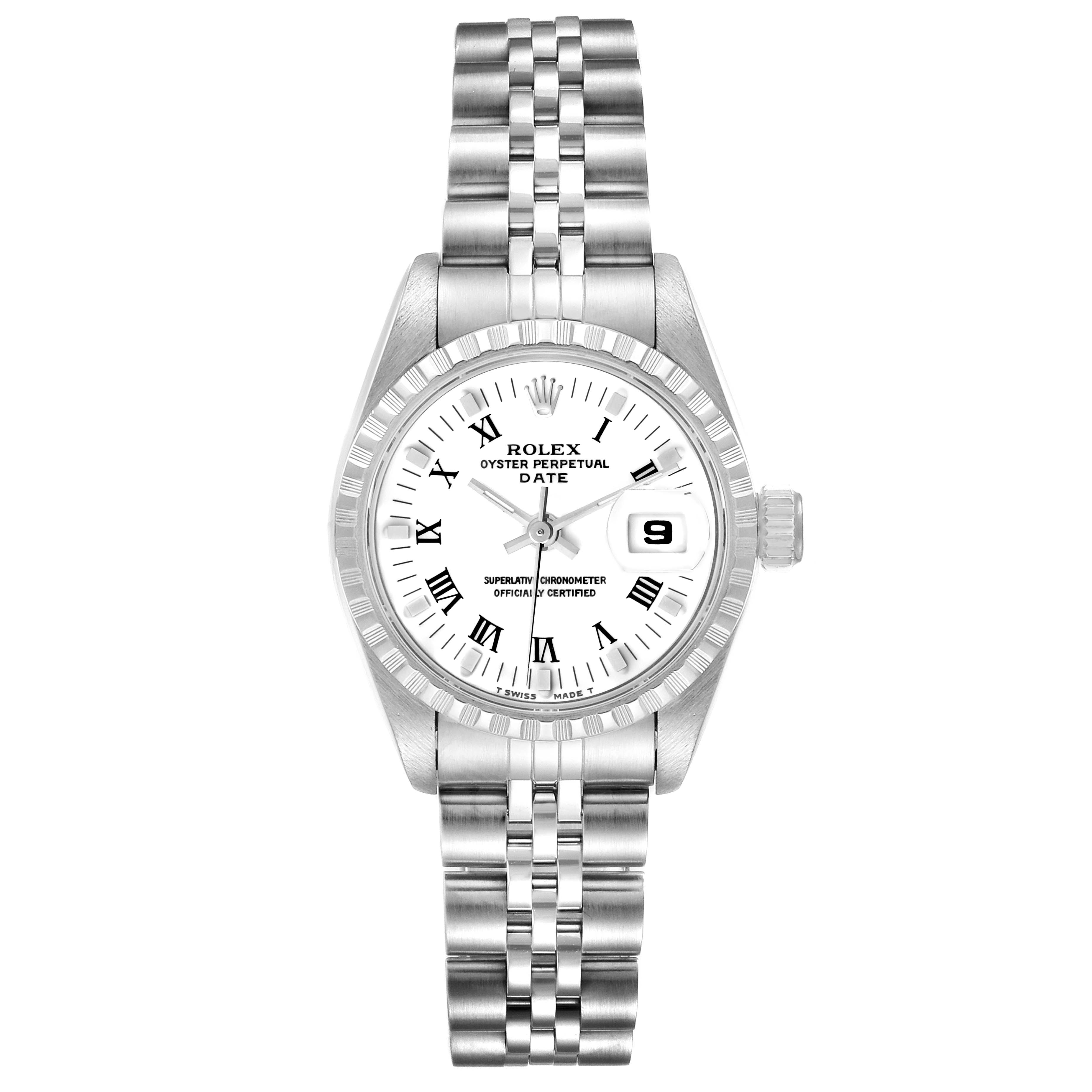 The image shows a front view of the Rolex Date 69240 Women's Stainless Steel White Dial 69240 Women's Stainless Steel White Dial model watch, featuring its face, bezel, bracelet, and date display.