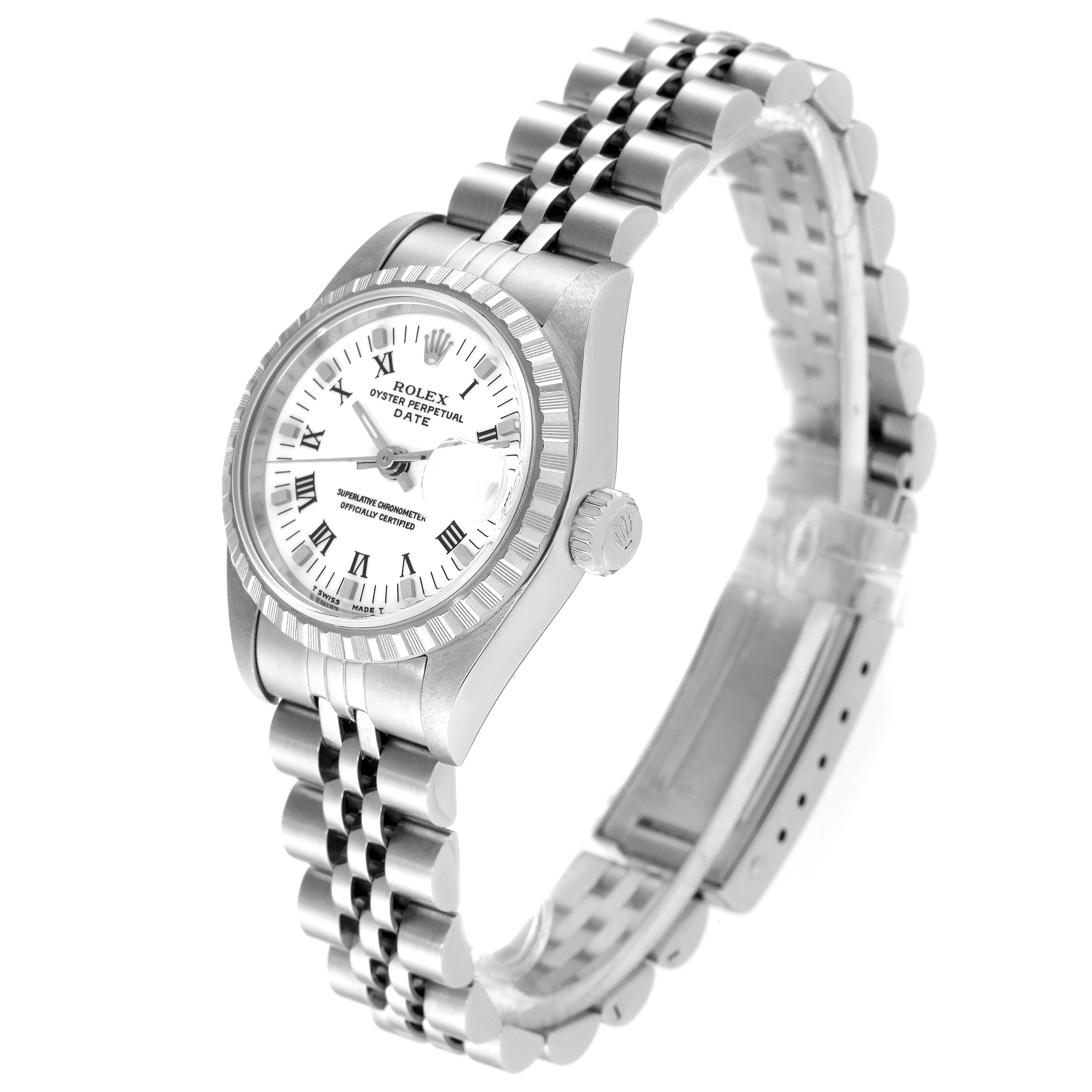 The Rolex Date 69240 Women's Stainless Steel White Dial 69240 Women's Stainless Steel White Dial model watch is shown at a slight angle, displaying the face, bezel, crown, and part of the bracelet.