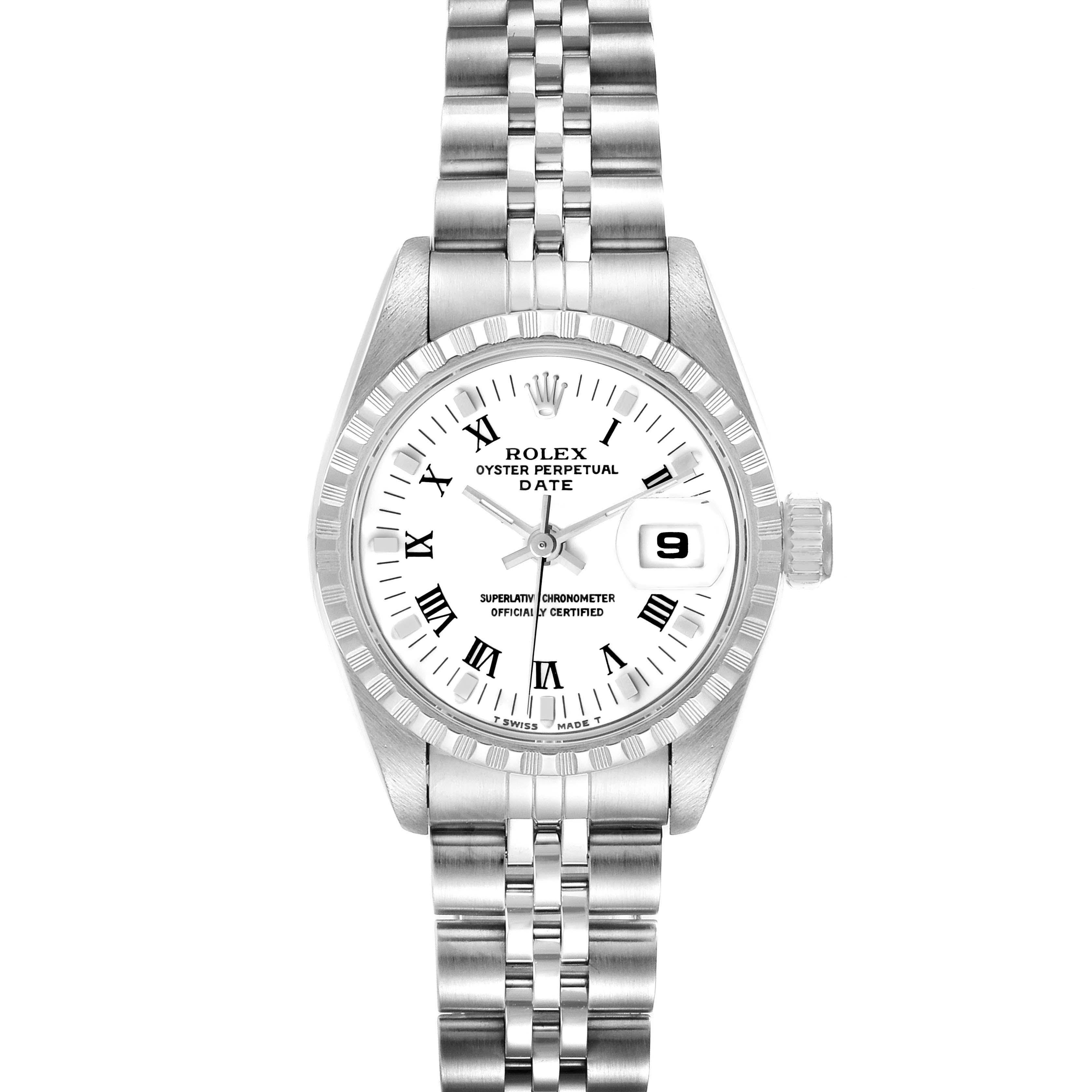This image shows the front view of a Rolex Date 69240 Women's Stainless Steel White Dial 69240 Women's Stainless Steel White Dial model, highlighting the dial, Roman numerals, date window, and stainless steel bracelet.