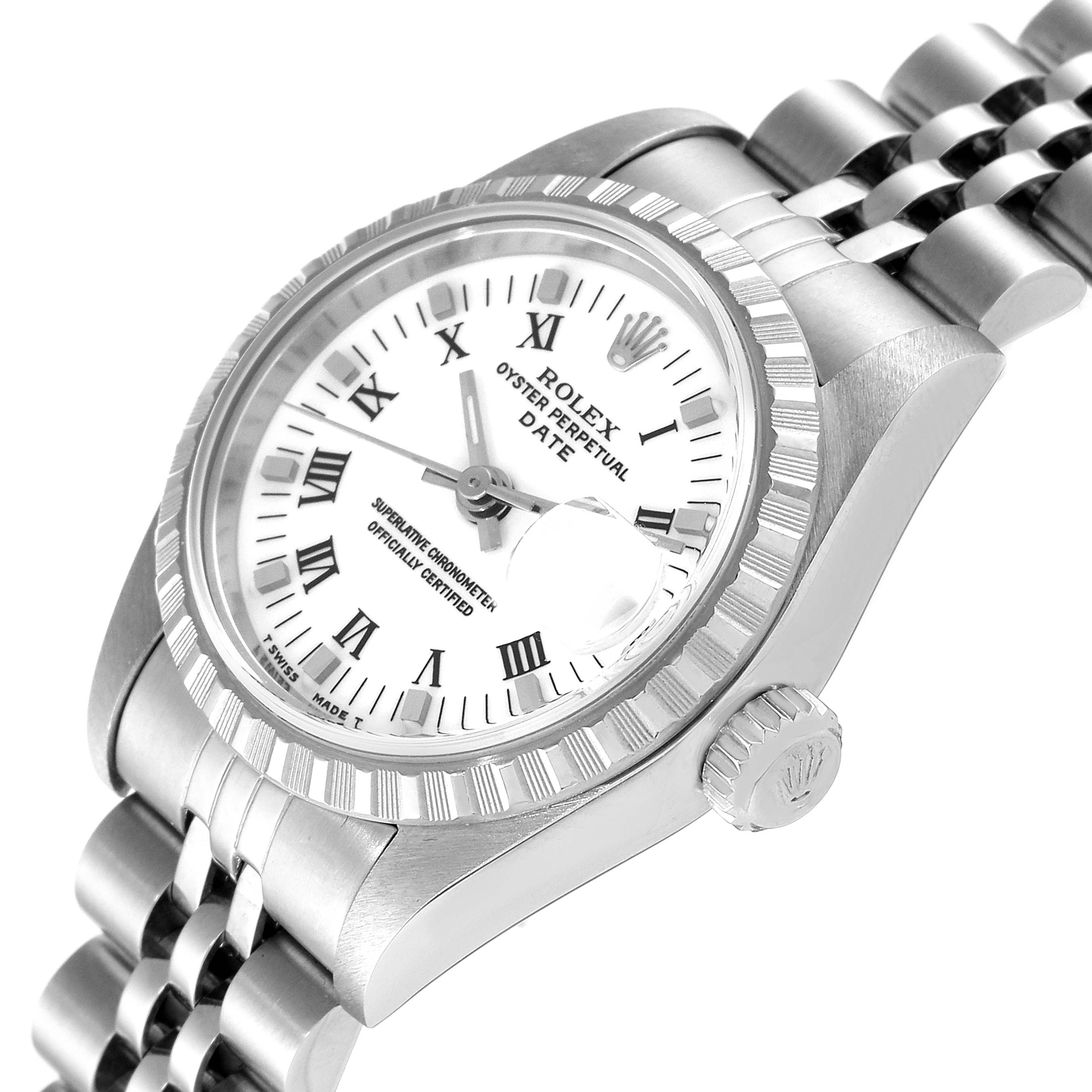 The image shows a close-up view of the Rolex Oyster Perpetual Date model, focusing on the watch face and part of the bracelet.