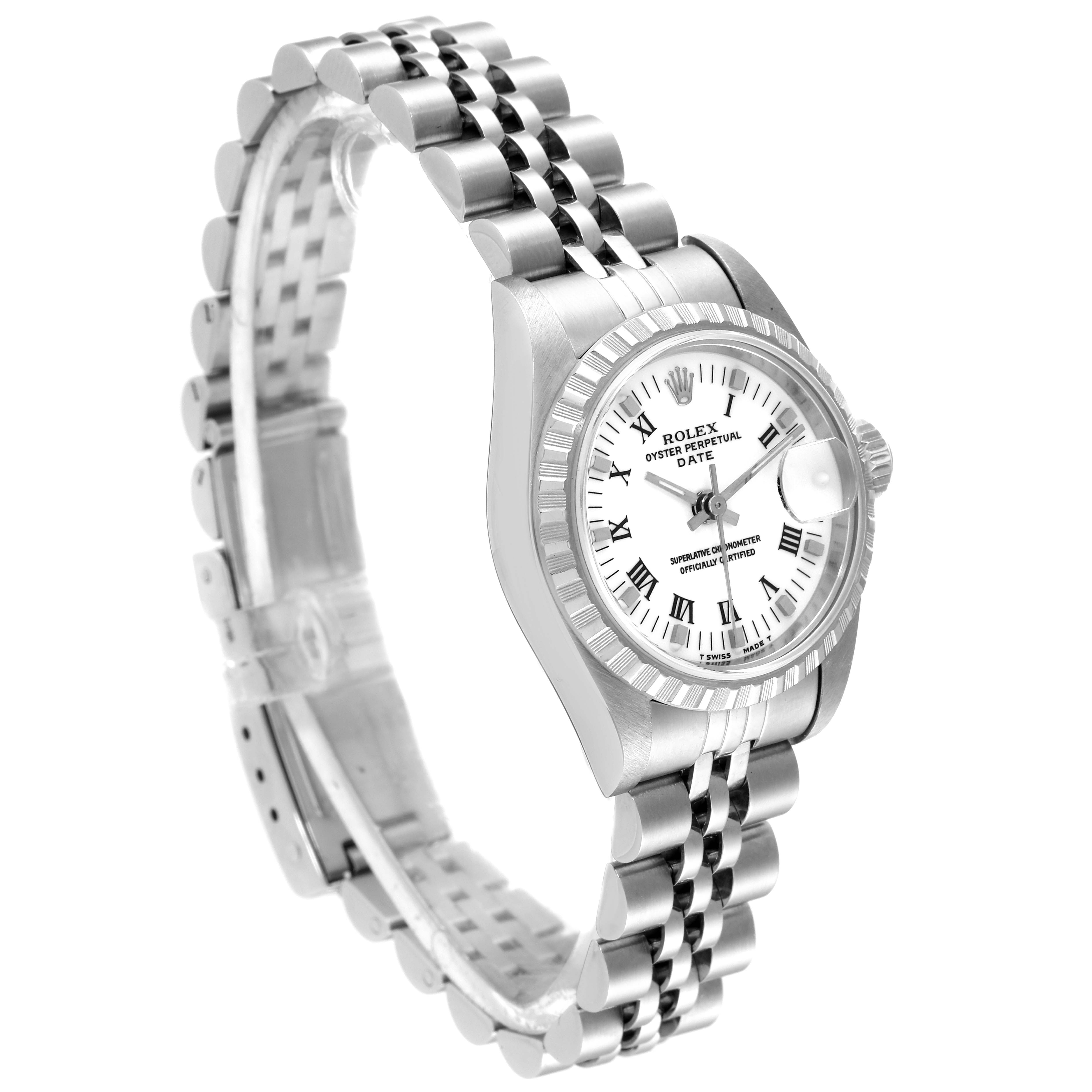 The Rolex Date 69240 Women's Stainless Steel White Dial 69240 Women's Stainless Steel White Dial watch is displayed at an angle showing the dial, bezel, crown, and bracelet.