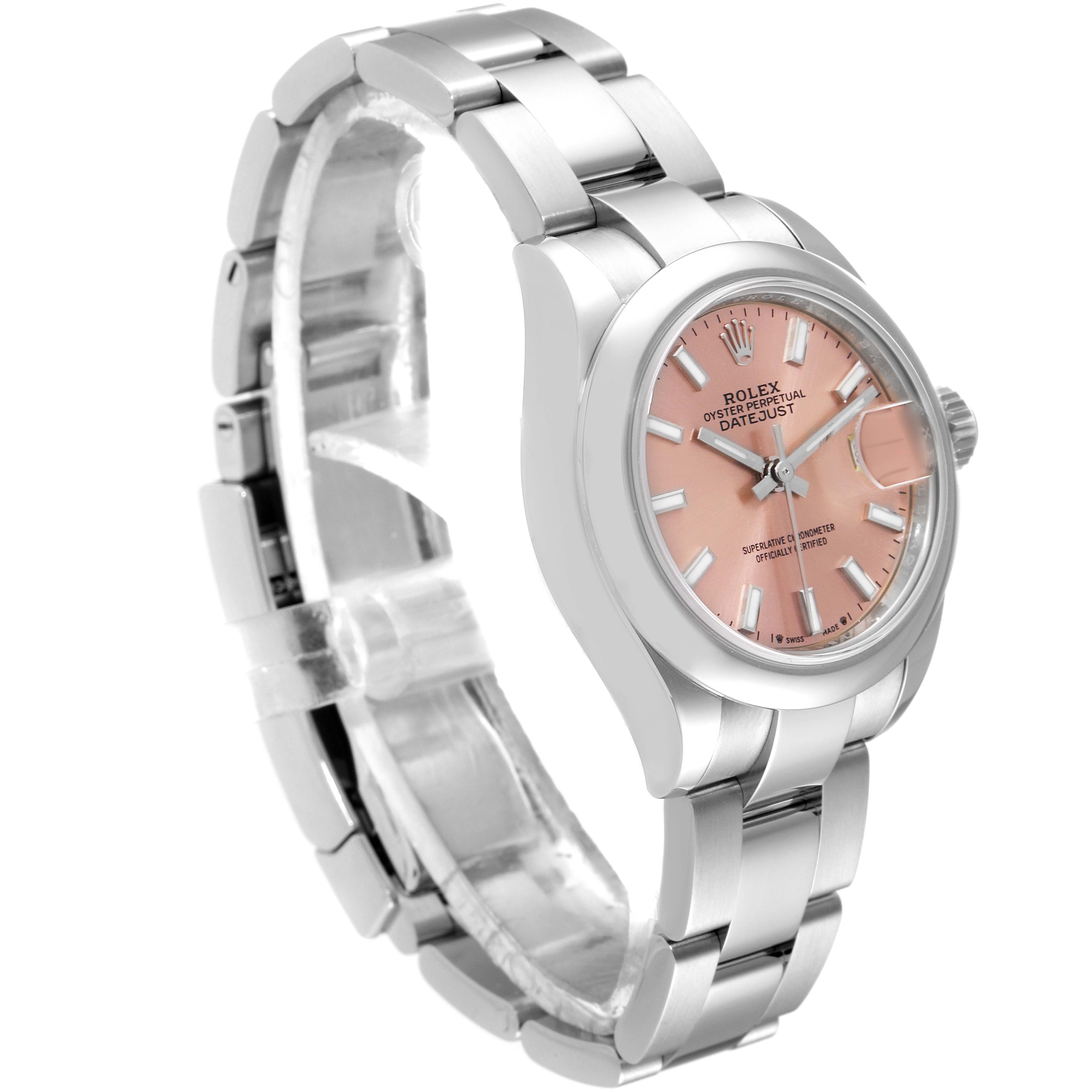 This image shows a Rolex Datejust 279160 Women's Stainless Steel Pink Dial 279160 Women's Stainless Steel Pink Dial watch from an angled view showcasing the bracelet, case, dial, crown, and date magnifier.