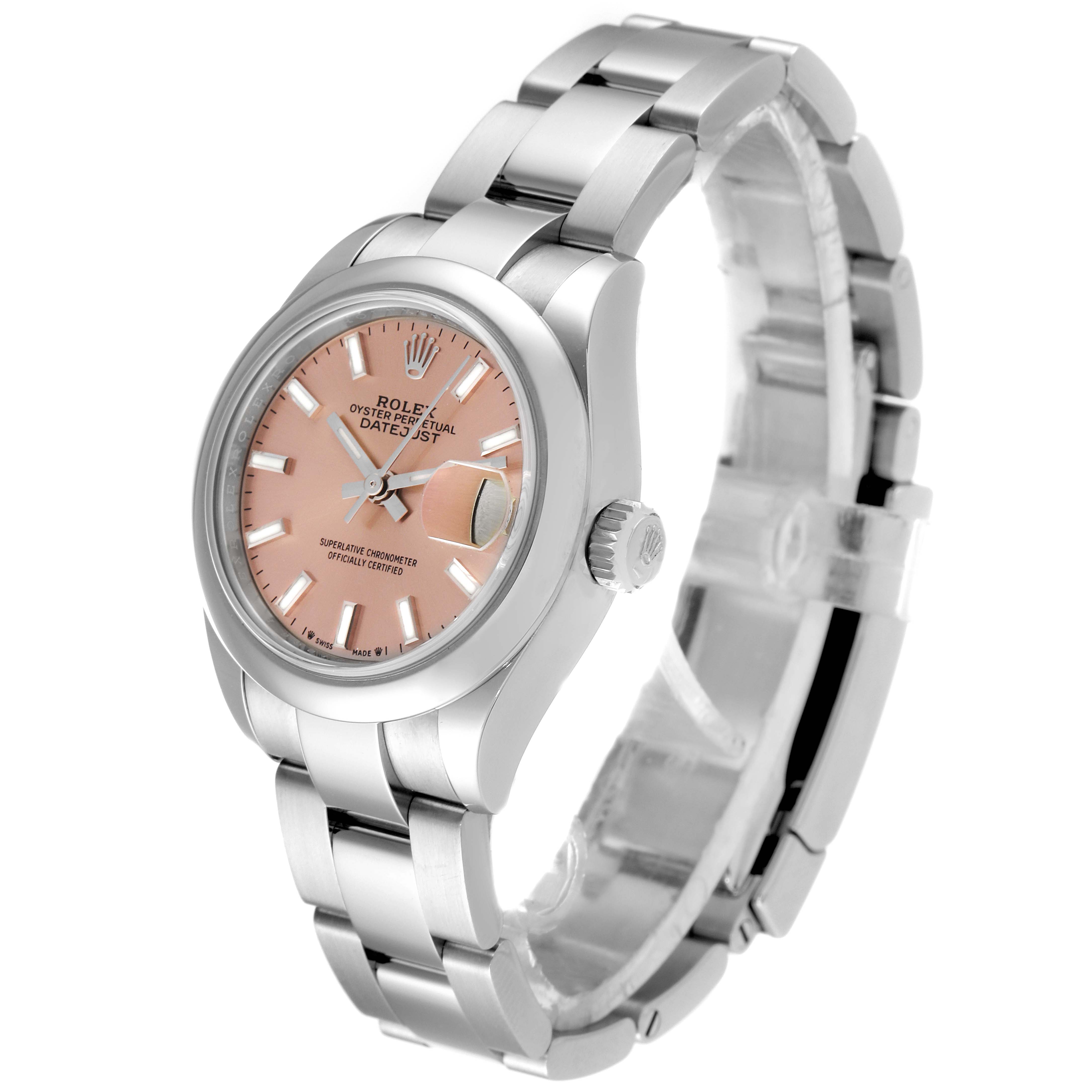 The image shows a Rolex Datejust 279160 Women's Stainless Steel Pink Dial 279160 Women's Stainless Steel Pink Dial watch at an angled side view displaying the dial, crown, and bracelet.