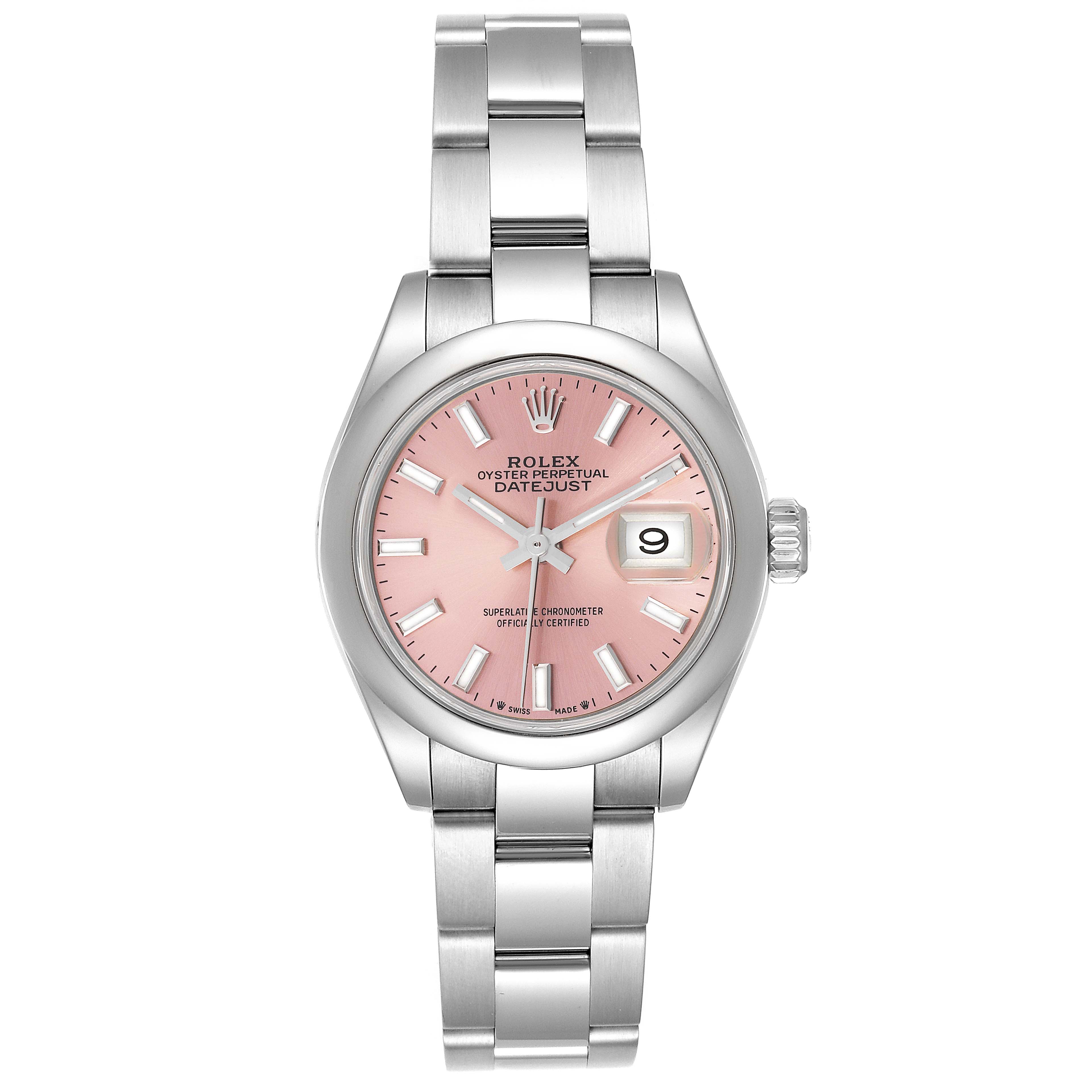 The image shows a frontal view of a Rolex Datejust 279160 Women's Stainless Steel Pink Dial 279160 Women's Stainless Steel Pink Dial watch, highlighting its pink dial, date window, and silver bracelet.