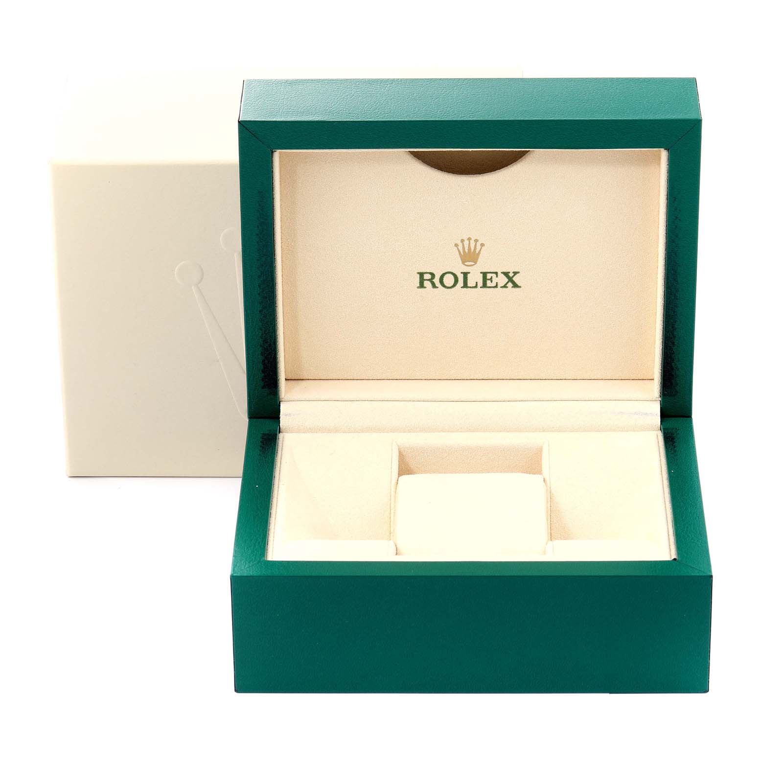 The image shows an open Rolex Datejust 279160 Women's Stainless Steel Pink Dial 279160 Women's Stainless Steel Pink Dial watch box with cream interior and green exterior from a top-front angle.