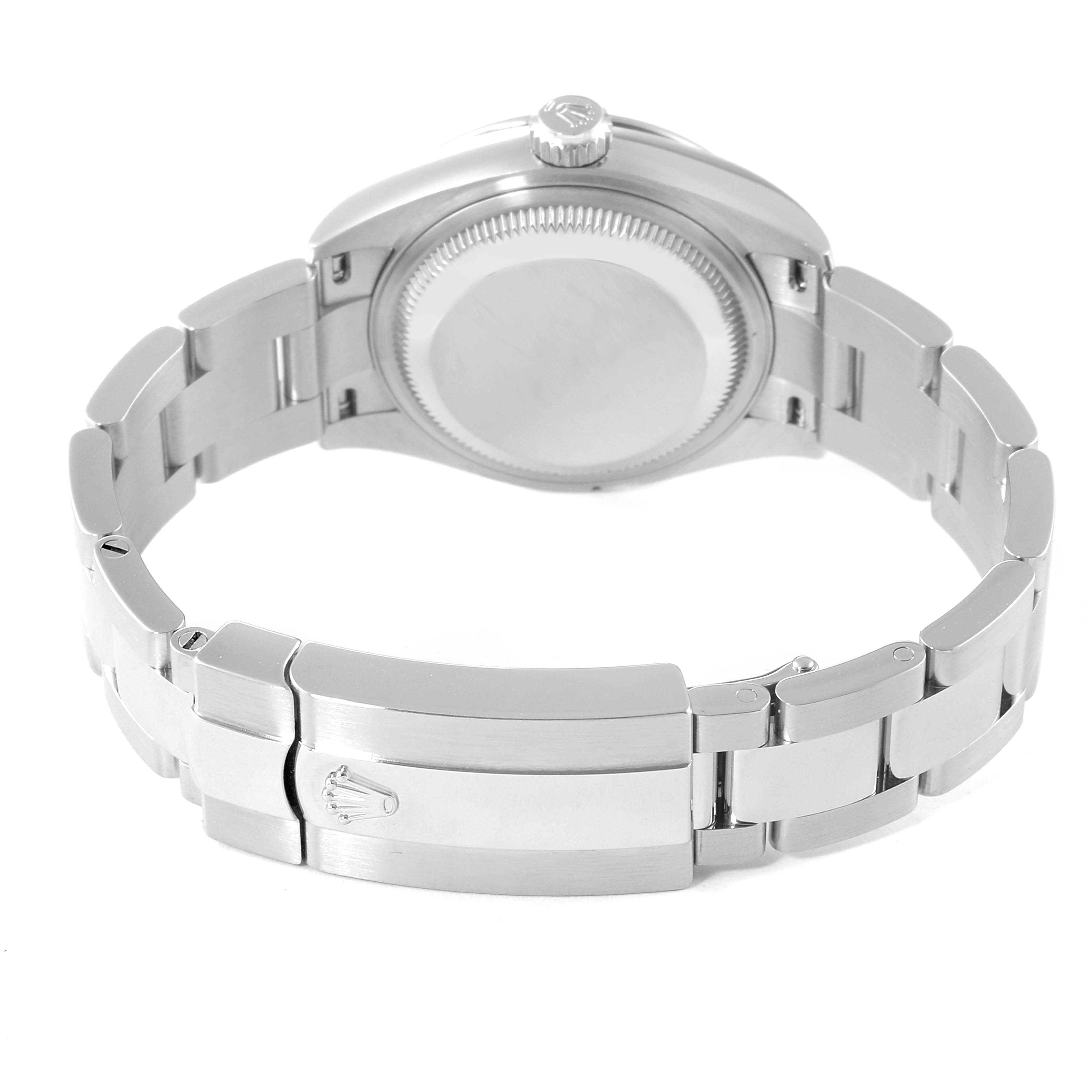 This image shows the back case, crown, and bracelet of a Rolex Datejust 279160 Women's Stainless Steel Pink Dial 279160 Women's Stainless Steel Pink Dial model, viewed from the rear angle.