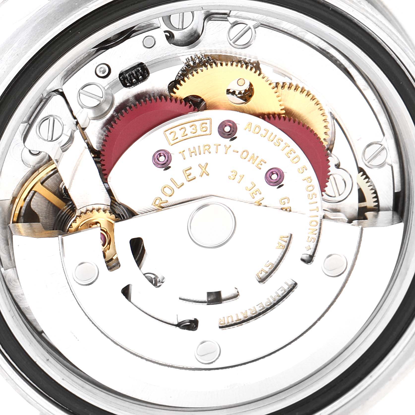 The image shows the movement mechanism of a Rolex Datejust 279160 Women's Stainless Steel Pink Dial 279160 Women's Stainless Steel Pink Dial watch, highlighting gears and internal components up close.
