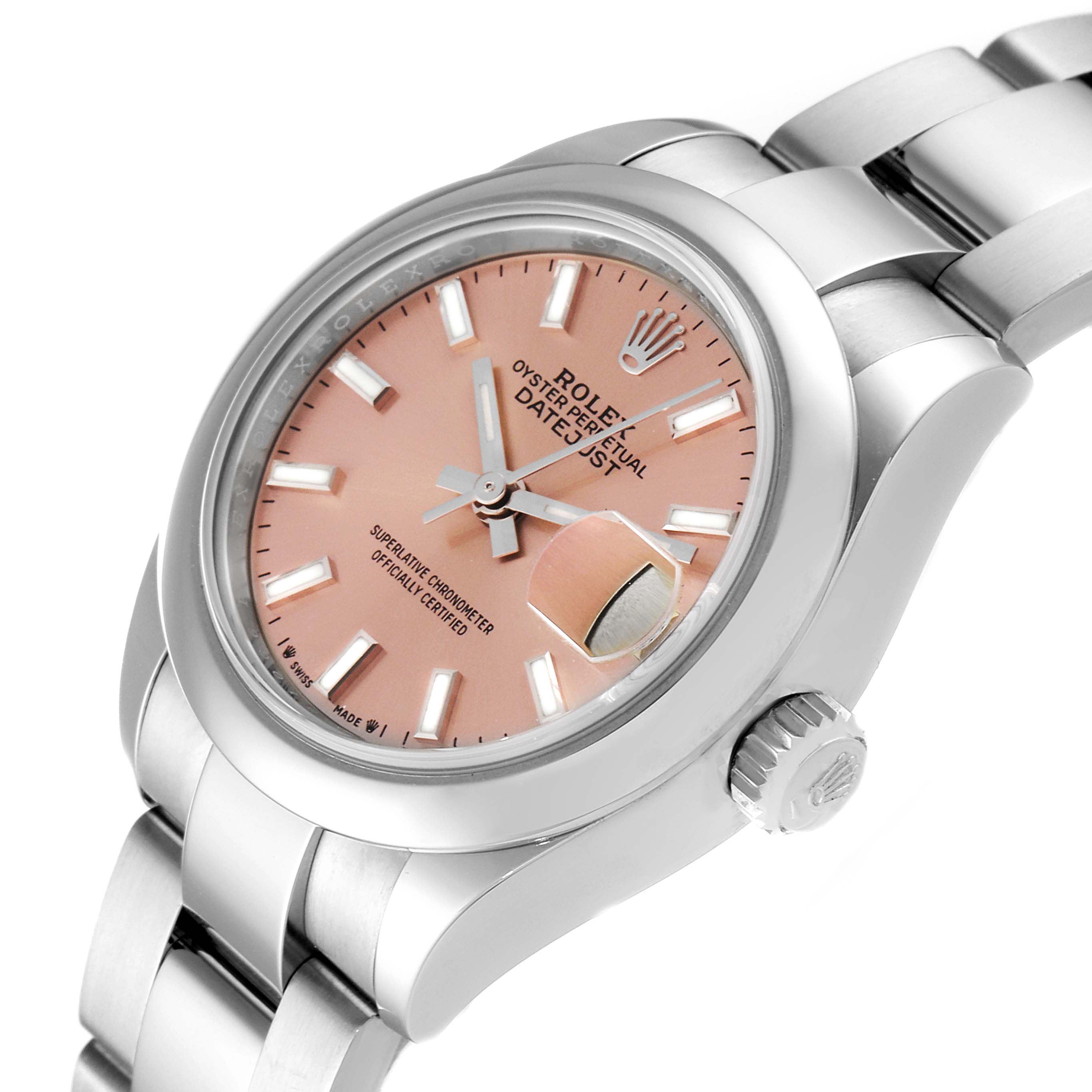 This image shows a Rolex Datejust 279160 Women's Stainless Steel Pink Dial 279160 Women's Stainless Steel Pink Dial watch from an angled side view, highlighting the dial, bezel, and bracelet.
