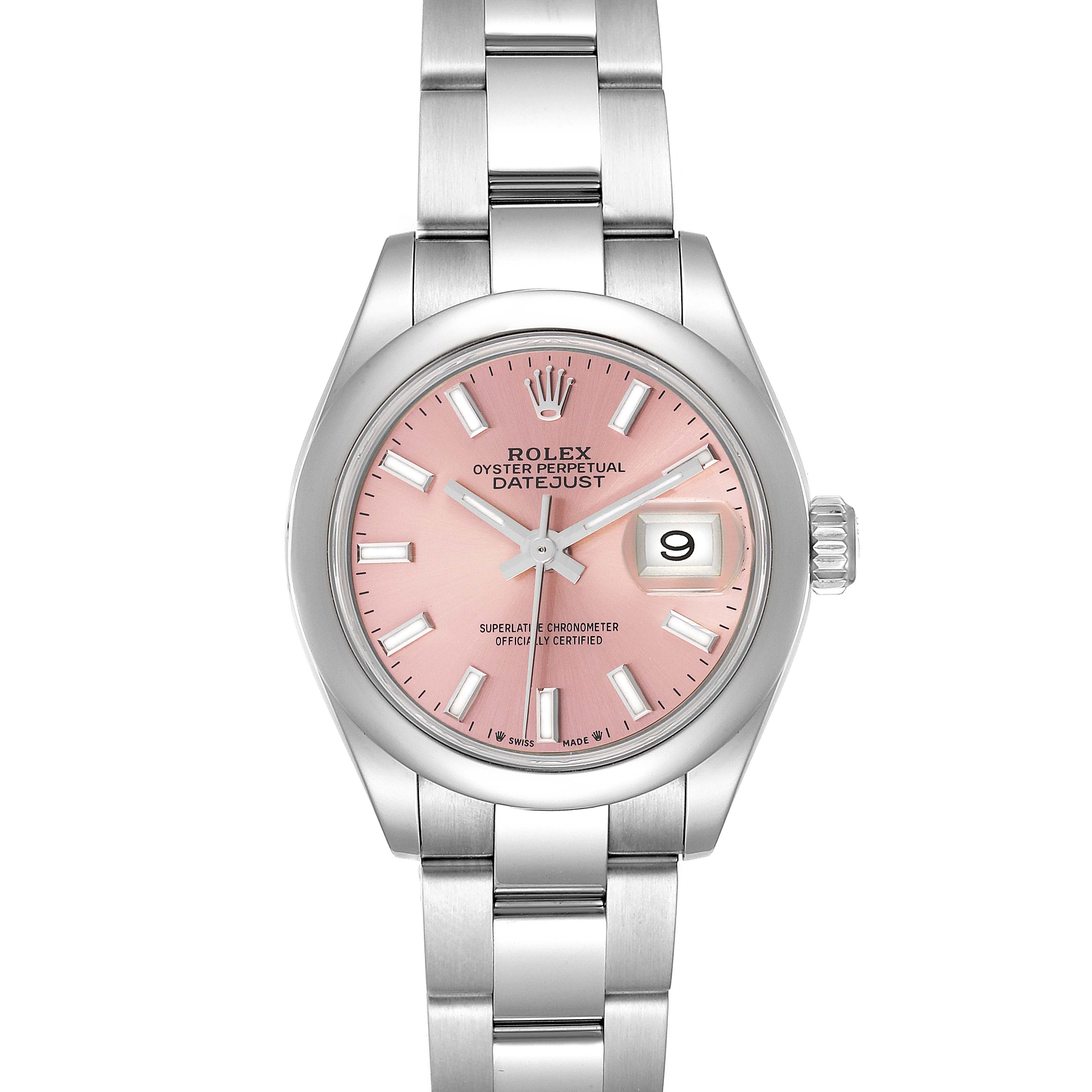 This image shows a front view of the Rolex Datejust 279160 Women's Stainless Steel Pink Dial 279160 Women's Stainless Steel Pink Dial watch, highlighting its pink dial, bracelet, and date window.
