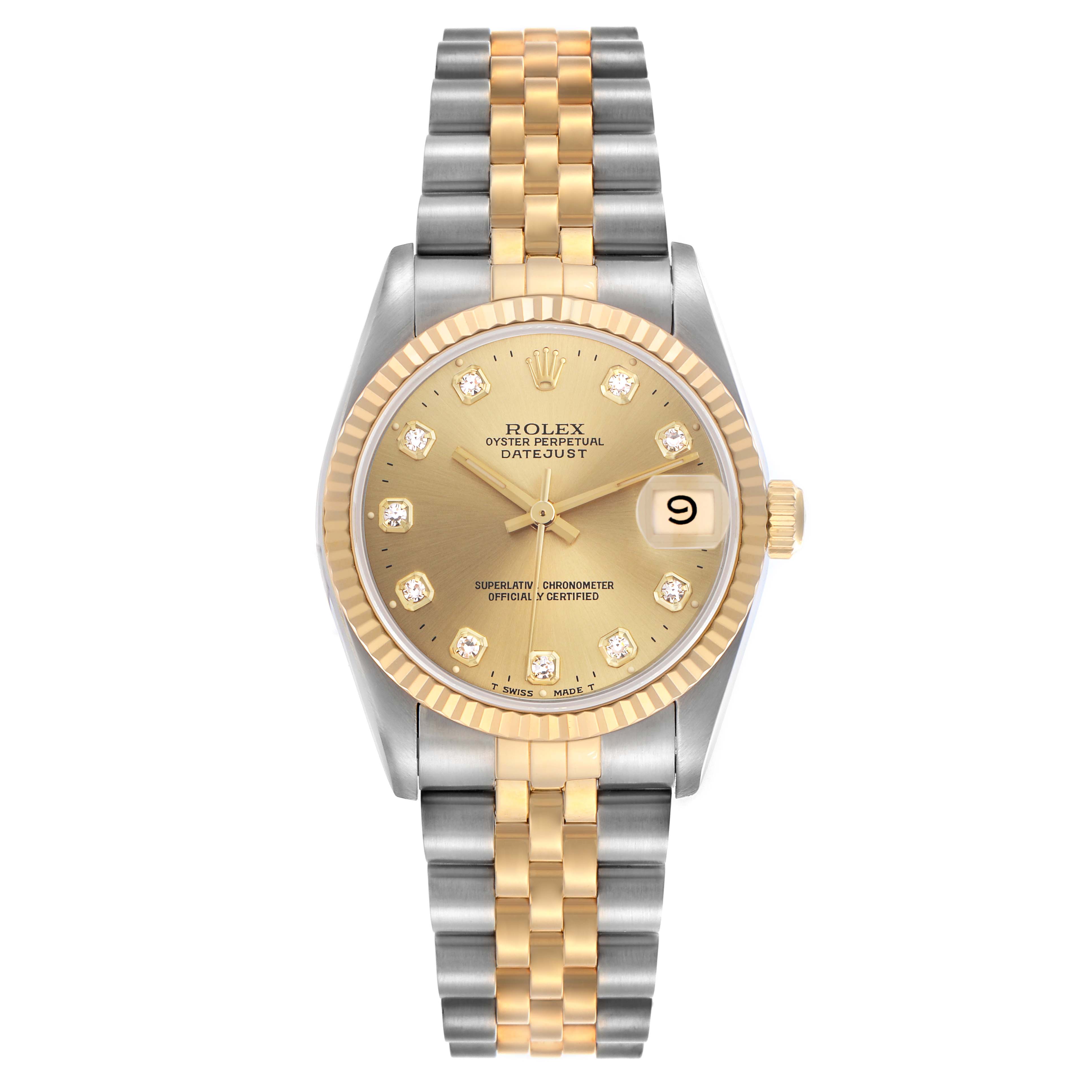 The Rolex Mid-Size 68273 Women
s Steel and Gold (two tone) Champagne Dial 68273 Women
s Steel and Gold (two tone) Champagne Dial watch is shown from the front, displaying the dial, bezel, bracelet, and date magnifier.
