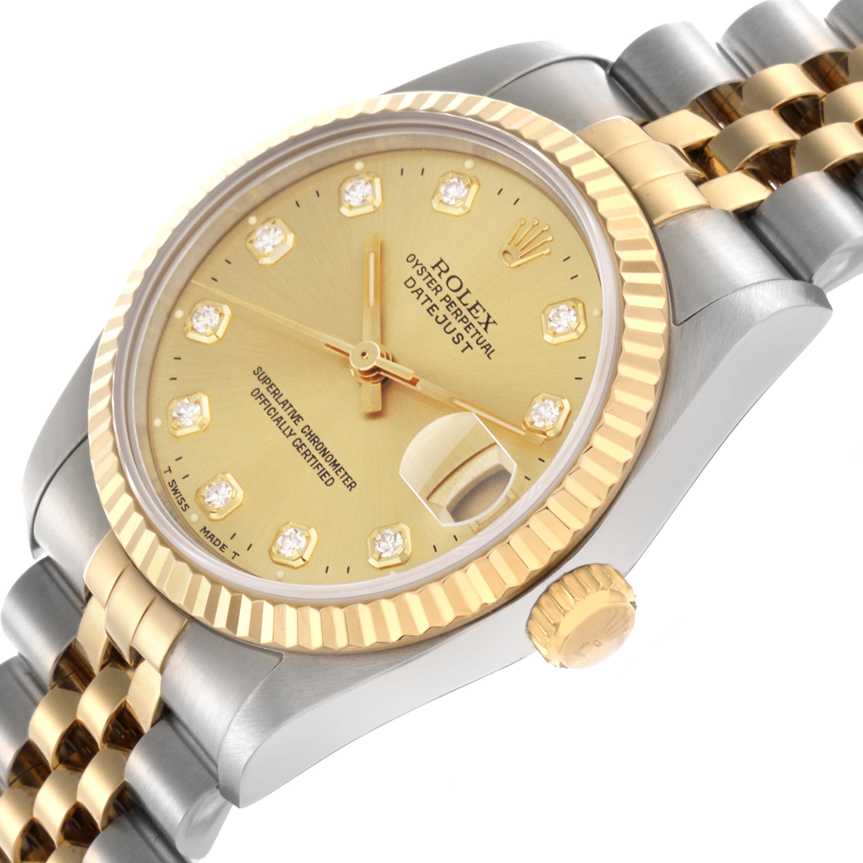 The Rolex Mid-Size 68273 Women
s Steel and Gold (two tone) Champagne Dial 68273 Women
s Steel and Gold (two tone) Champagne Dial watch is shown at a tilted angle, highlighting the gold dial, bezel, diamond markers, and two-tone bracelet.