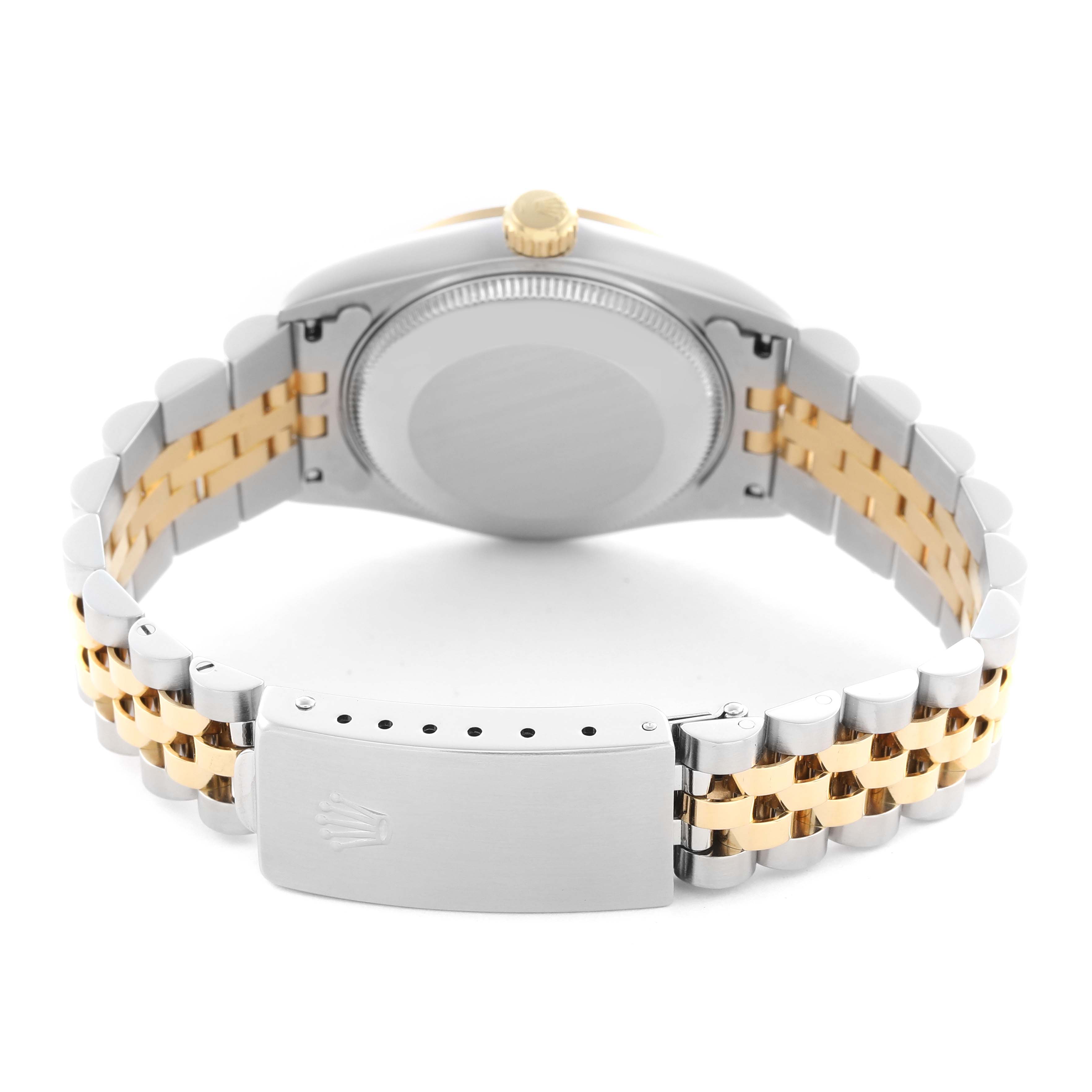 The Rolex Mid-Size 68273 Women
s Steel and Gold (two tone) Champagne Dial 68273 Women
s Steel and Gold (two tone) Champagne Dial watch is shown from the back, highlighting the case back, bracelet, and clasp.